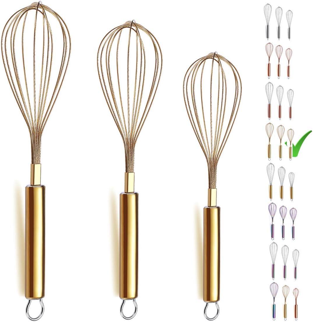 Stainless Steel Whisk Set Pack of 3 Stainless Steel, Titianium Plating Gold Whisks for Cooking, Beater,Wire Whisk Set Kitchen Wisk