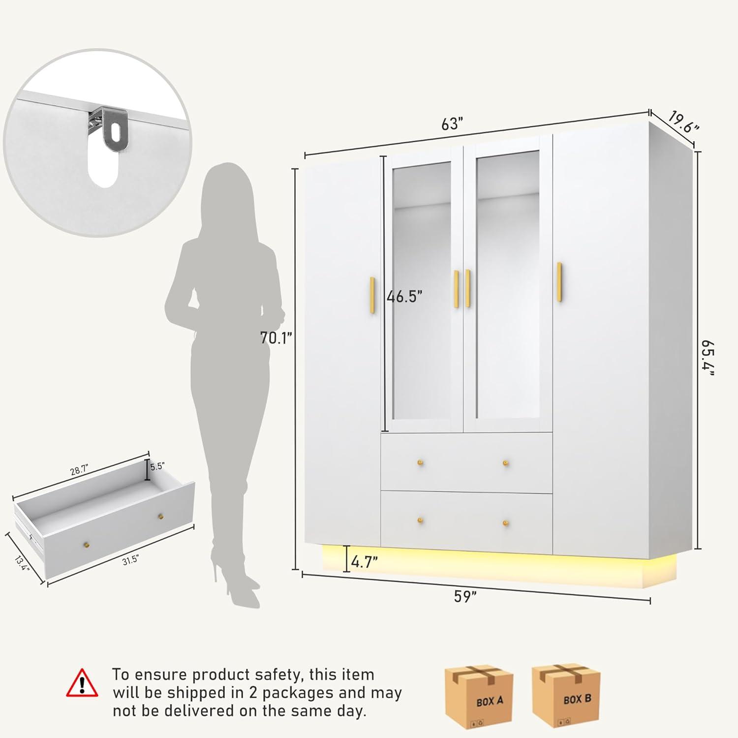 Armoire Wardrobe Closet With Mirror & Led Light, 4 Door Wooden Storage Cabinet With Drawers, Spacious Armoire With Hanging Rod & Adjustable Shelves