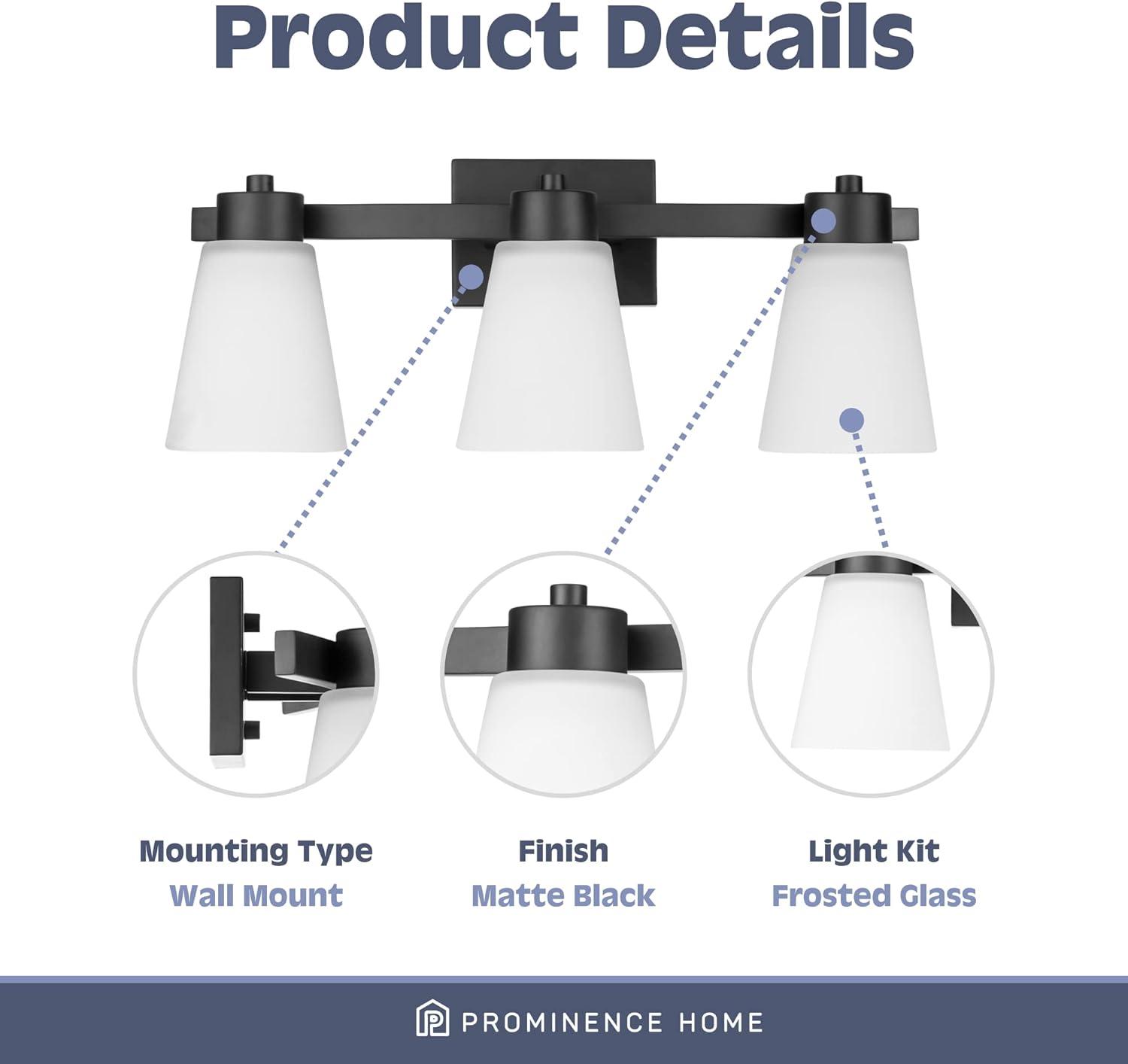 Prominence Home Fairendale 3-Light Matte Black Bathroom Vanity Light with Frosted Glass Shade