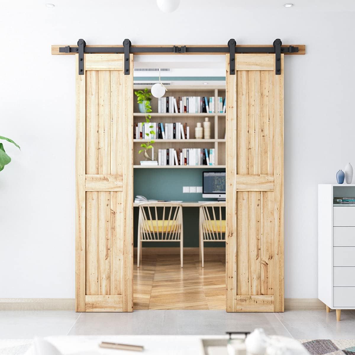 SMARTSTANDARD 6.6FT Heavy Duty Double Door Sliding Barn Door Hardware Kit,Smoothly and Quietly-Easy to Install-includes Step-by-Step Installation Instruction Fit 20" Wide Door Panel