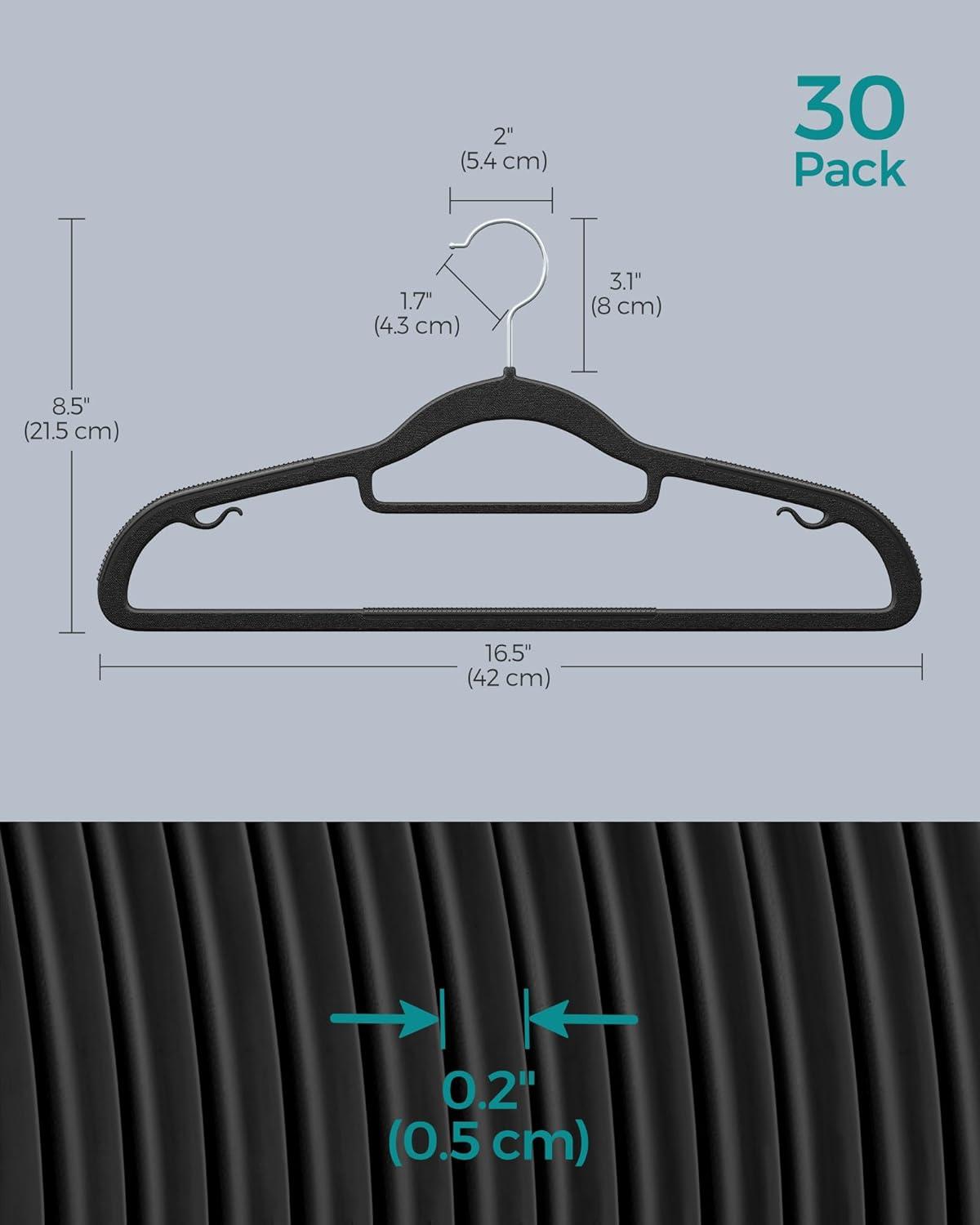 SONGMICS Pack of 30 Coat Hangers, Heavy-Duty Plastic Hangers, Non-Slip, Space-Saving Clothes Hangers, 0.2 Inches Slim, 16.5 Inches Wide, 360° Swivel Silver Hook, Black UCRP20BK30