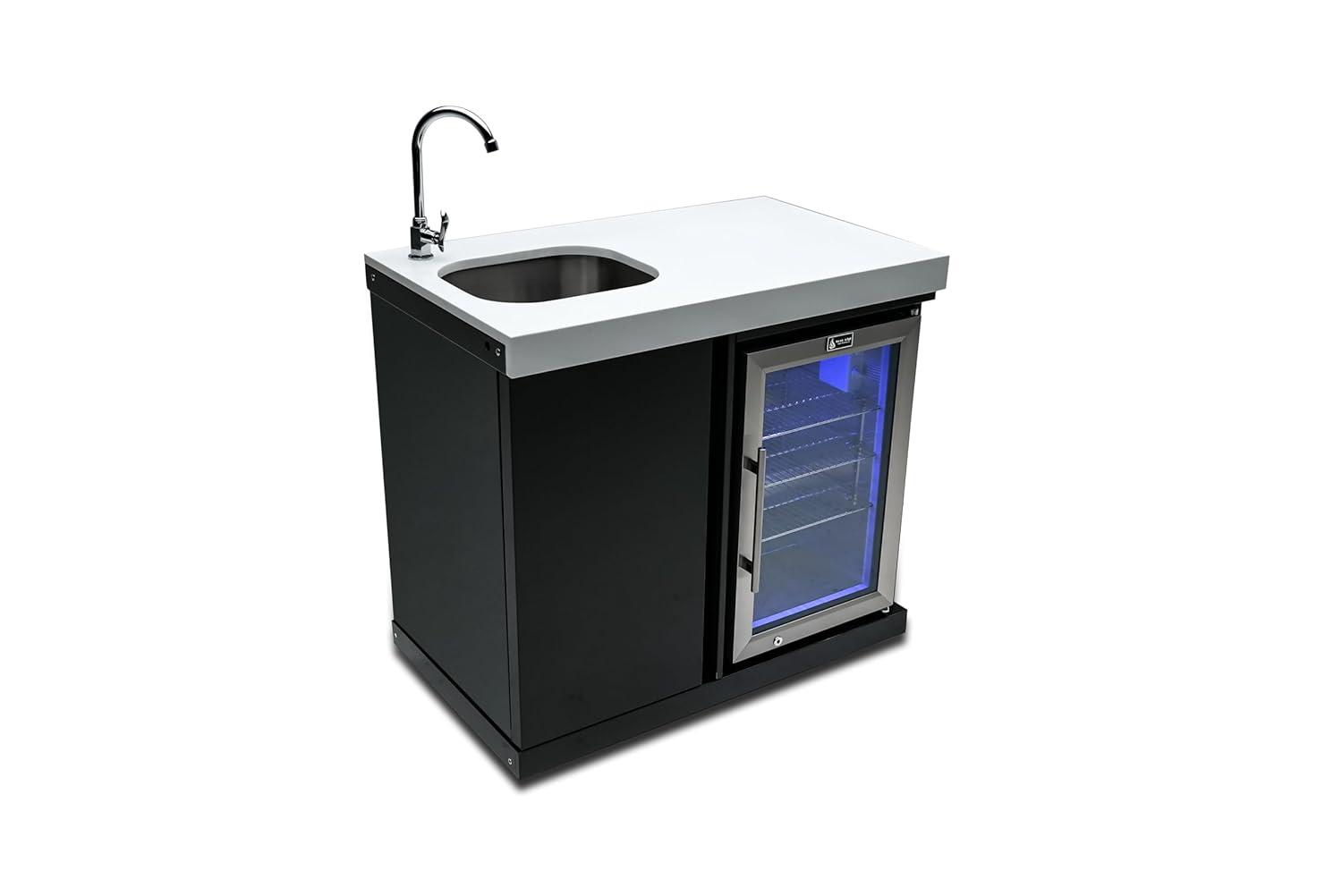 Mont Alpi MASF-SS Stainless Steel Beverage Center Cabinet Module + 2.7 Cubic Feet Wine Cooler Outdoor Rated Temperature Adjustable Compact Lockable Refrigerator + Faucet & Sink