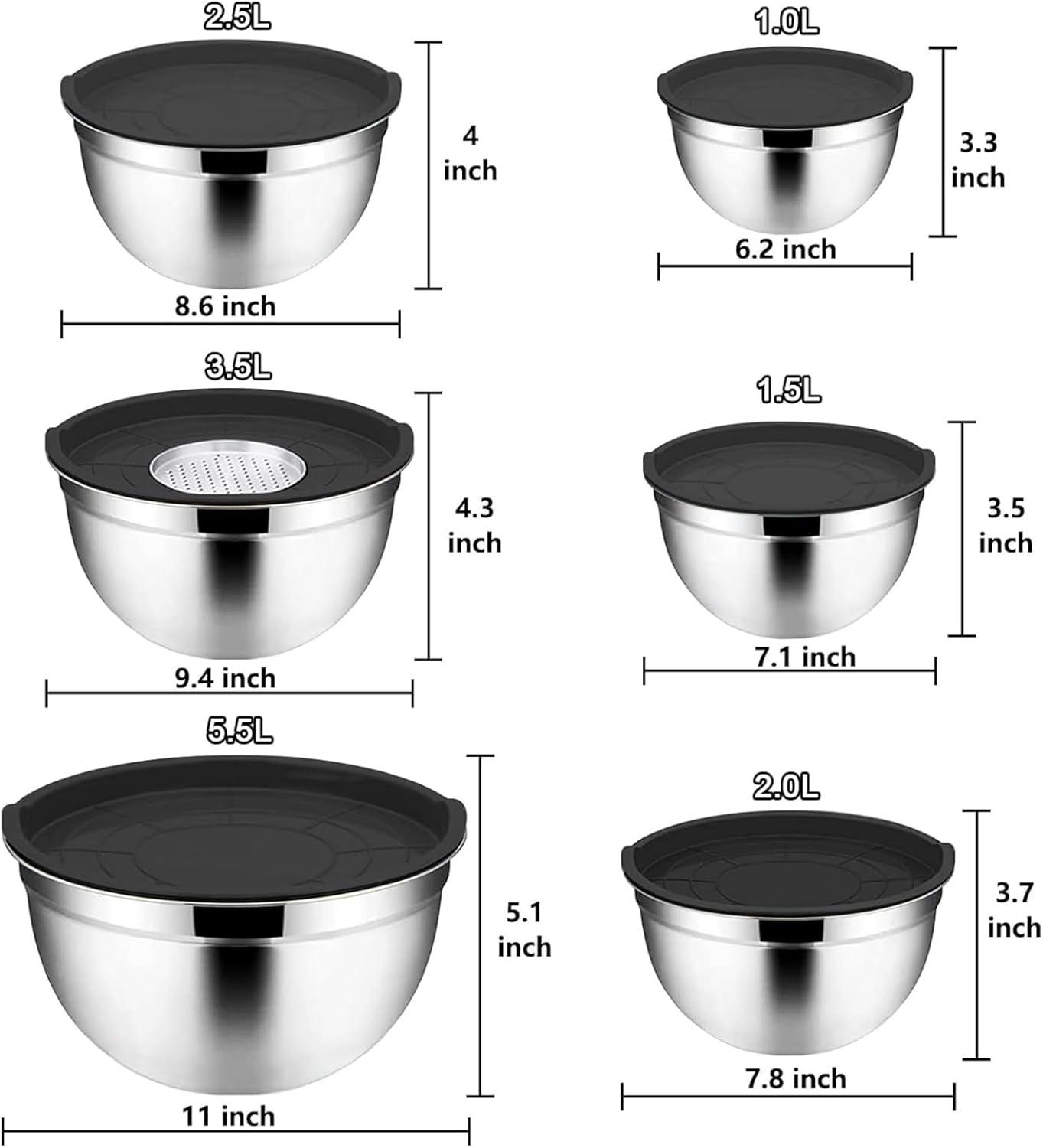 6-Piece Black Stainless Steel Mixing Bowl Set with Lids and Graters