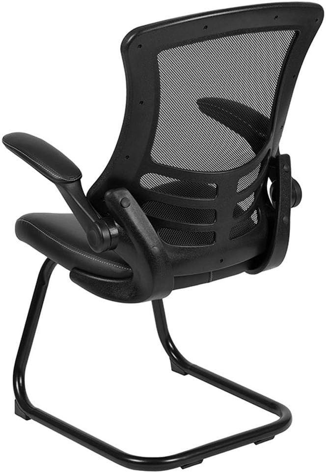 Flash Furniture Kelista Black Mesh Sled Base Side Reception Chair with White Stitched LeatherSoft Seat and Flip-Up Arms