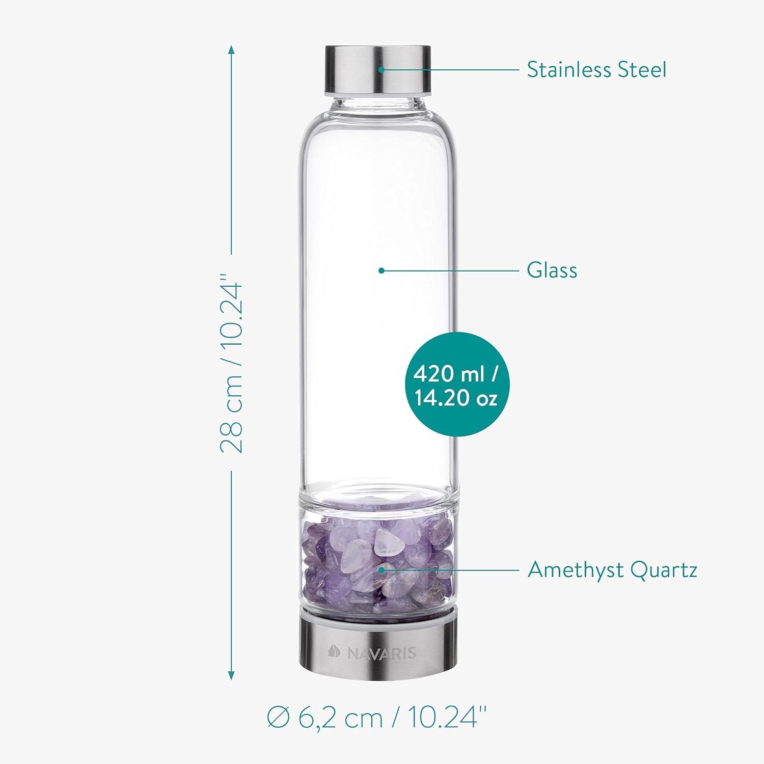 Navaris Crystal Water Bottle - 14oz Glass Gemstone Drink Bottle with Loose Natural Gem Stones - Available with Different Type Stones