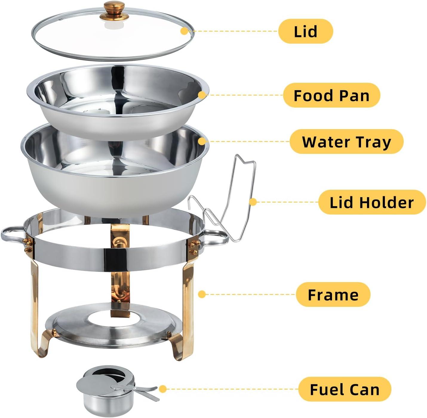 WhizMax Chafing Dish Buffet Set 2 Pack 5QT, Stainless Steel Round Chafing Dishes for Buffet with Lid Holder & Glass Lid, Gold