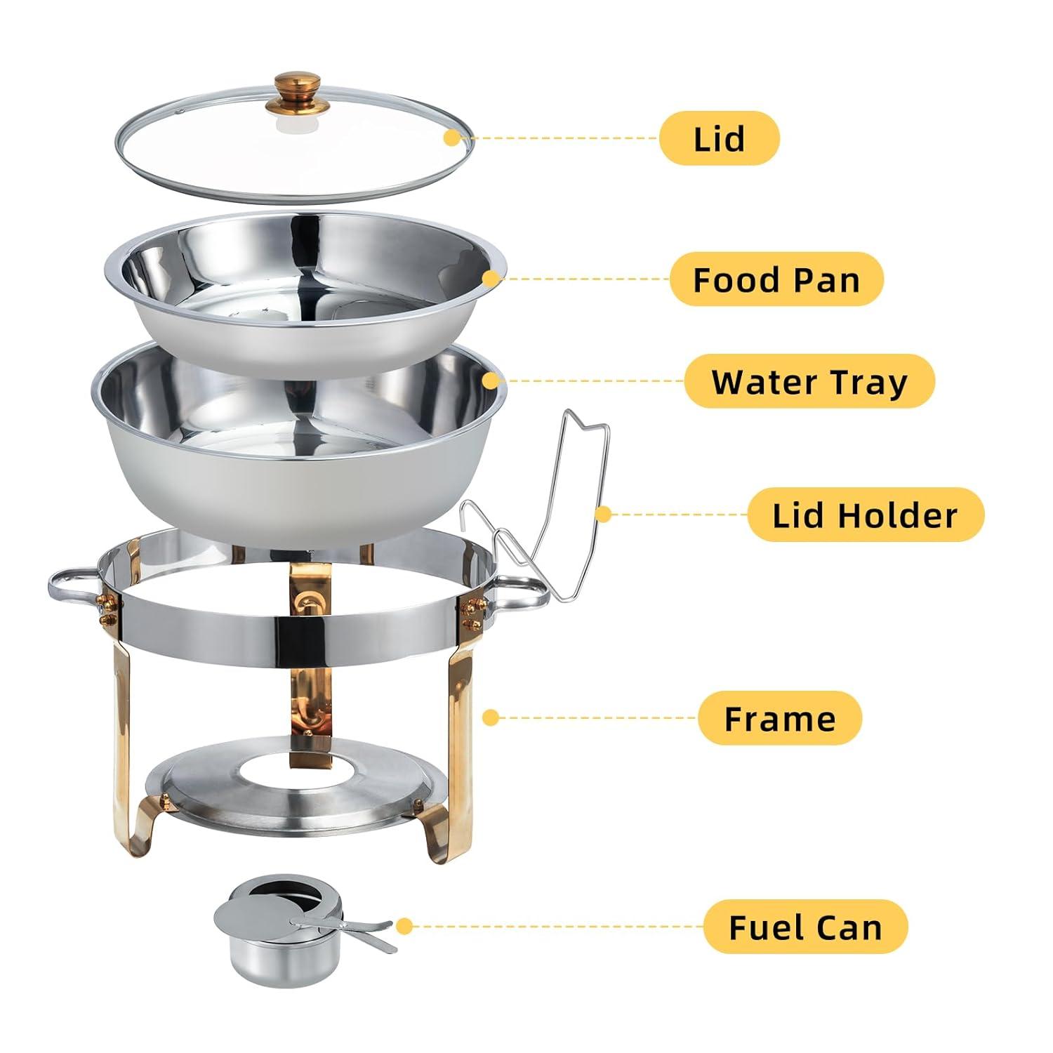 WhizMax Chafing Dish Buffet Set 2 Pack 5QT, Stainless Steel Round Chafing Dishes for Buffet with Lid Holder & Glass Lid, Gold