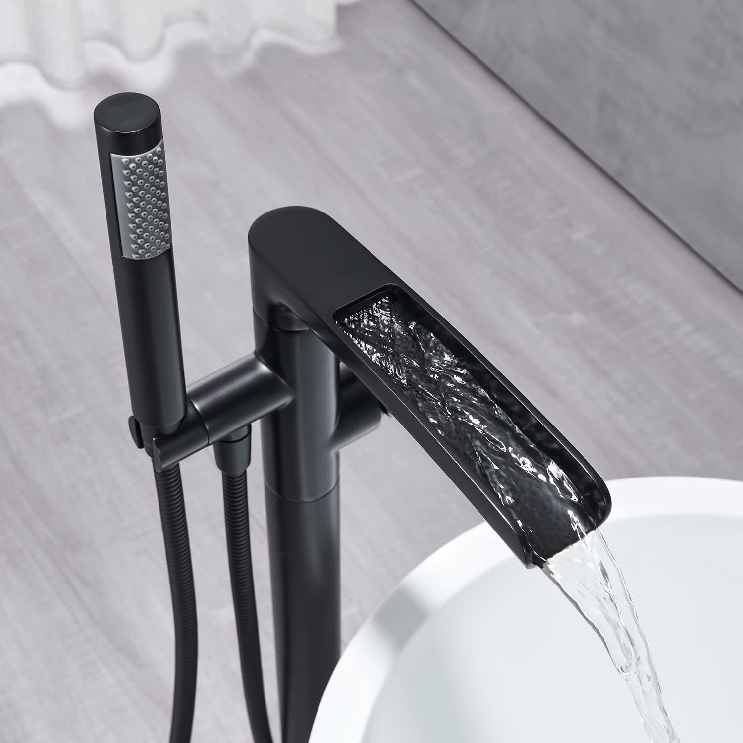 MOGFCT Waterfall Freestanding Bathtub Faucet Set Single Handle Floor Mount Tub Filler with Hand Shower ,Matte Black