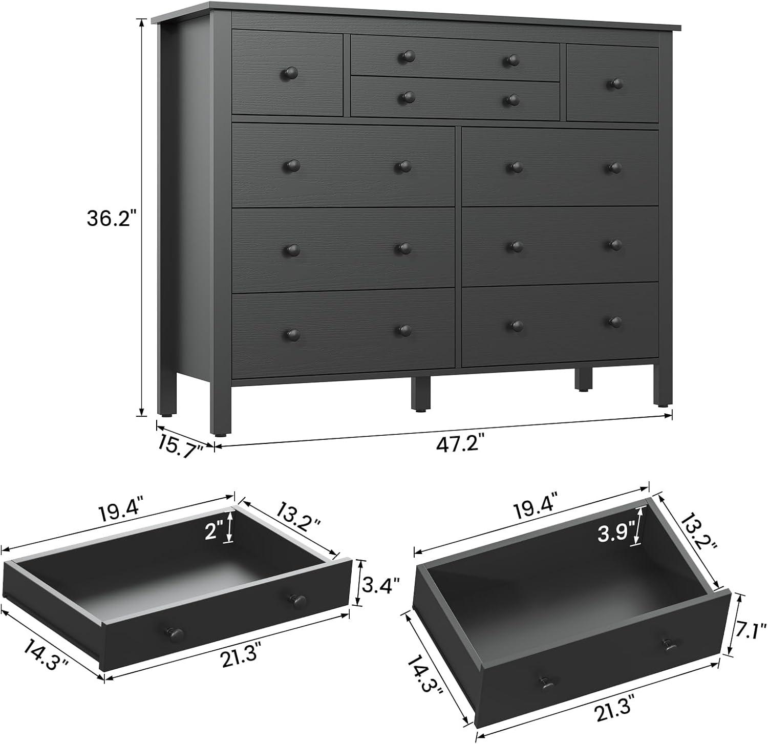 Black Mid-Century Modern 10-Drawer Wooden Dresser