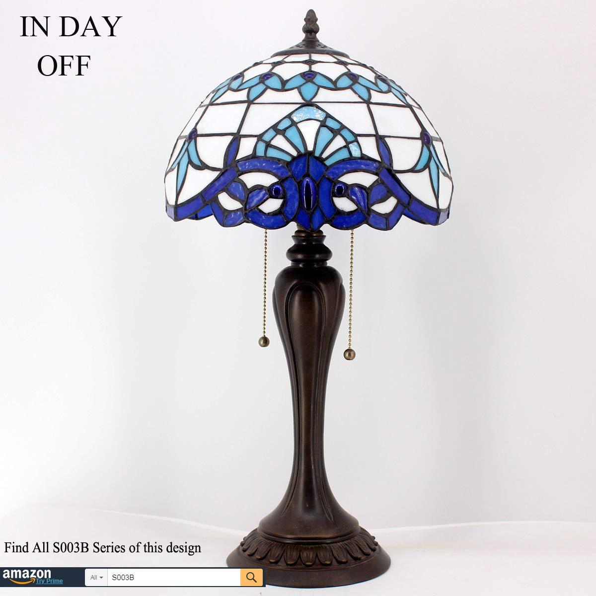 WERFACTORY Tiffany Table Lamp Navy Blue Baroque Stained Glass Style Desk Bedside Reading Light 12X12X18 Inches Decor Bedroom Living Room Home Office S003B Series