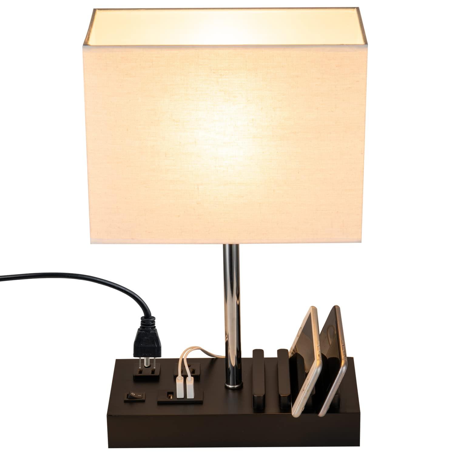 Briever Upgraded 3 USB Table Lamp with 2 USB A & C Charging Ports, Bedside Desk Lamp with 2 AC Outlets and Wooden Phone Stand Organizer, Ideal Nightstand Lamp for Bedroom, Guest Room, Office