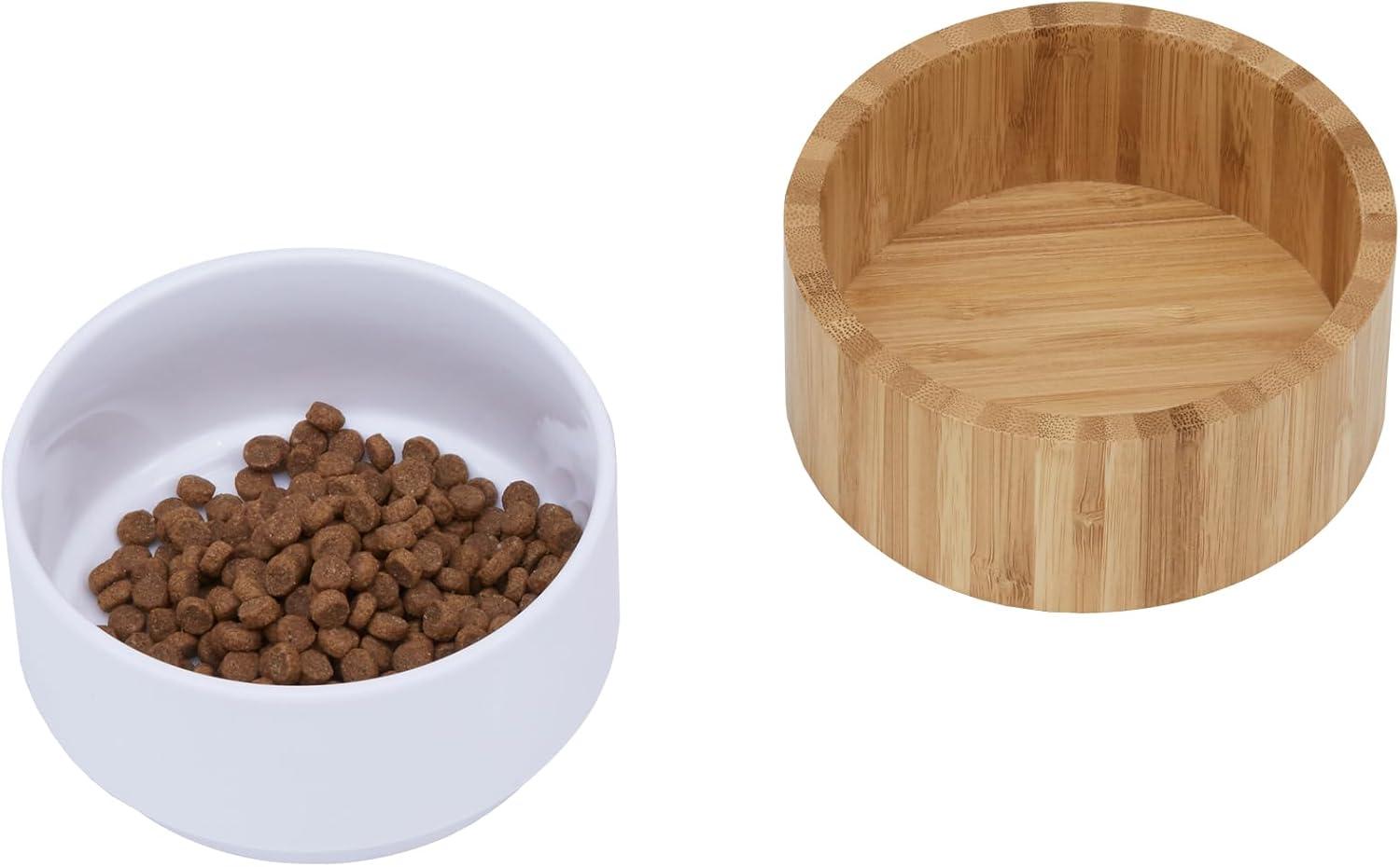 Teamson Pets Billie Raised Dishwasher Safe Ceramic Pet Bowl with Bamboo Stand