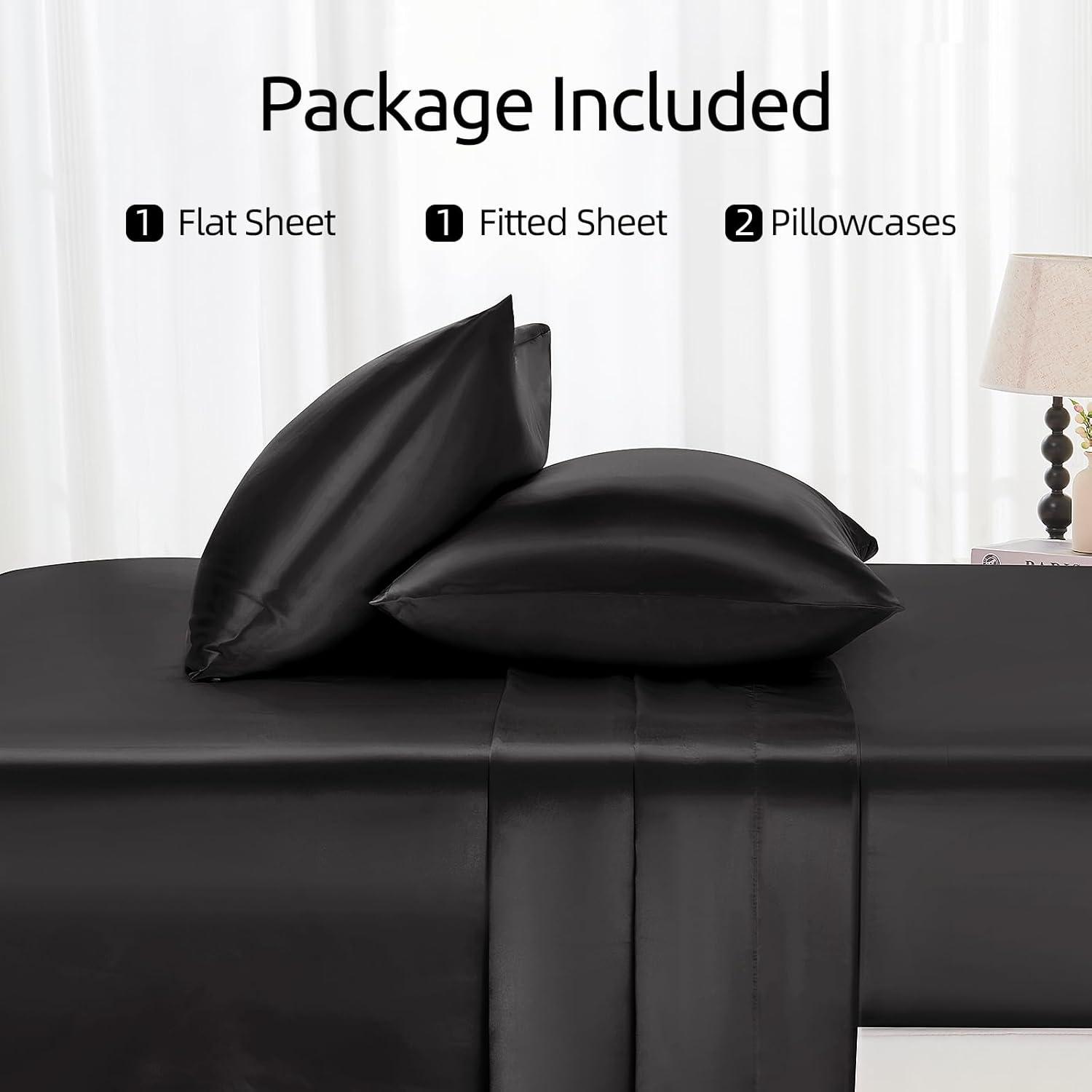INKEDZ Satin Bed Sheets, Queen Size Sheets Set, 4 Pcs Silky Bedding Set with 15 Inches Deep Pocket for Mattress (Queen, Black)