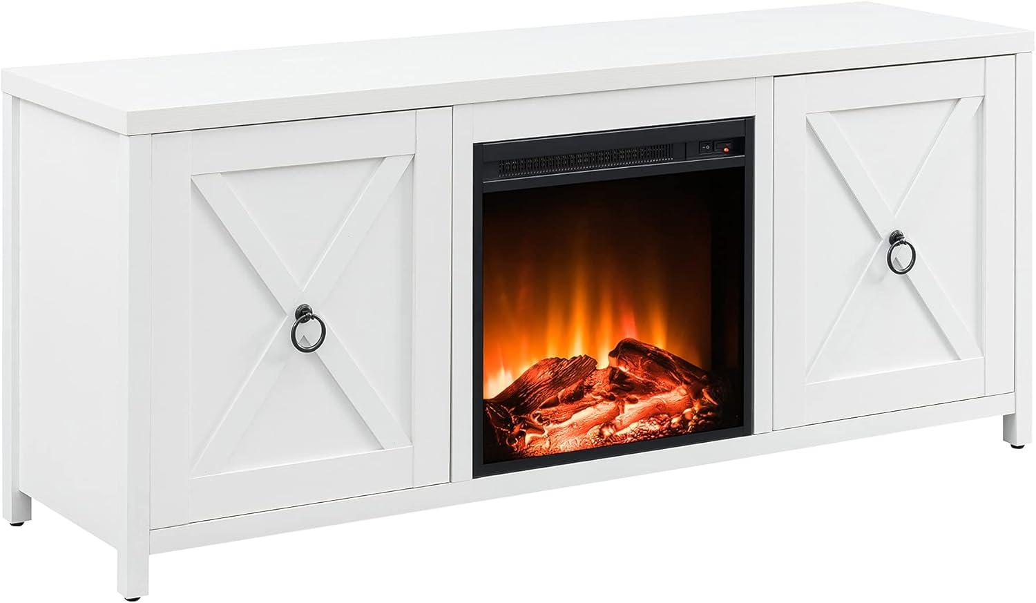 Modern Farmhouse White TV Stand with Electric Fireplace and Storage Cabinet