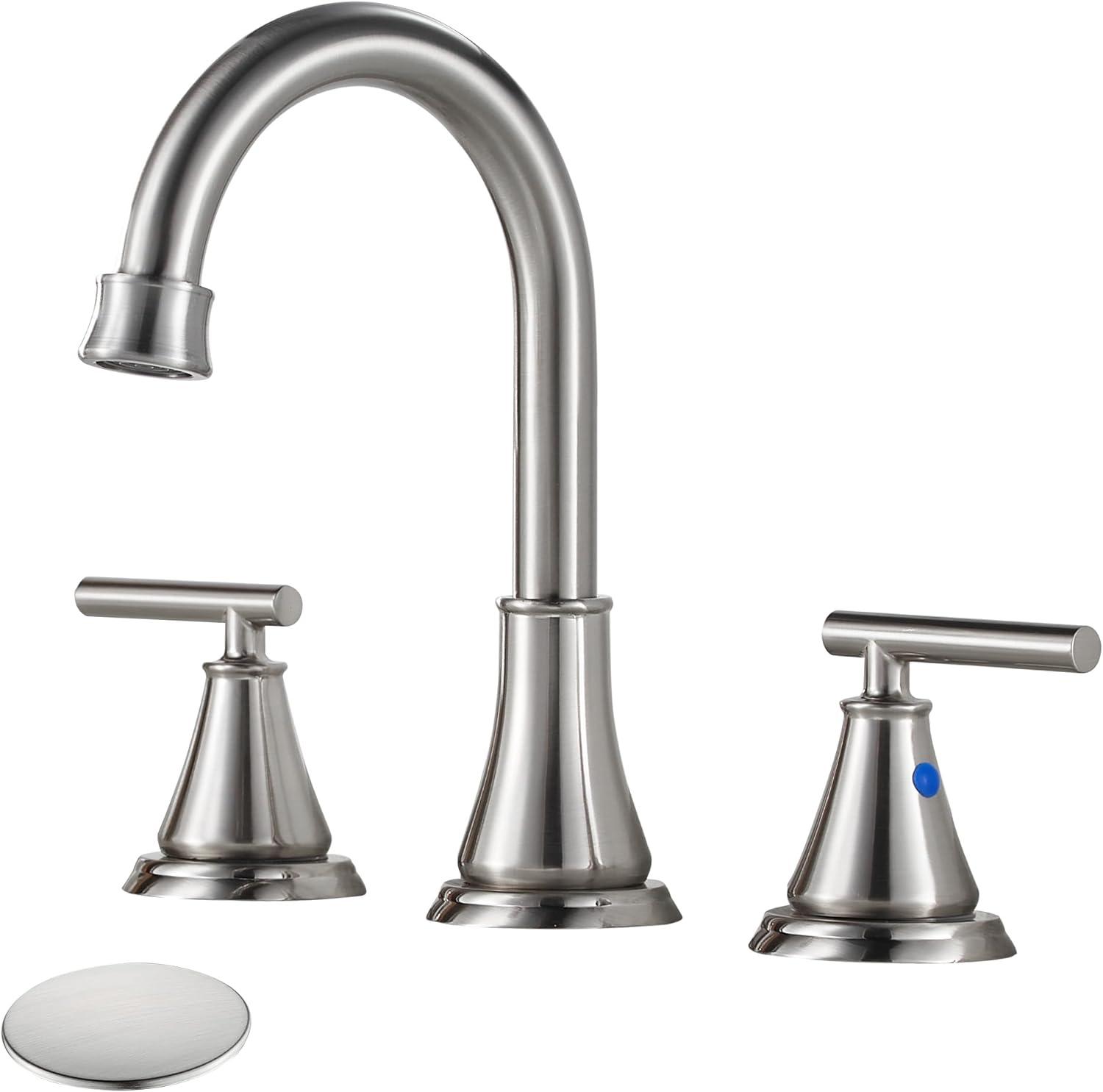 Brushed Nickel 8-Inch Widespread 2-Handle Bathroom Faucet with Drain