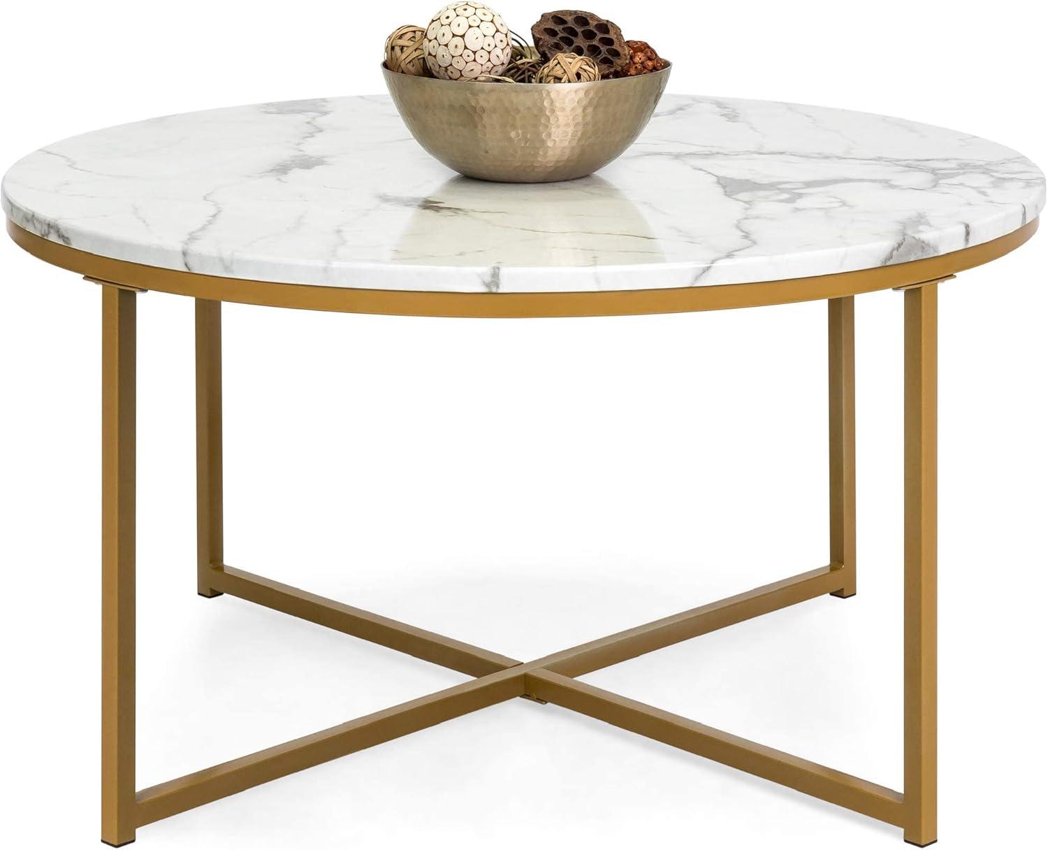 Elegant 36" Round Marble and Gold Metal Accent Coffee Table