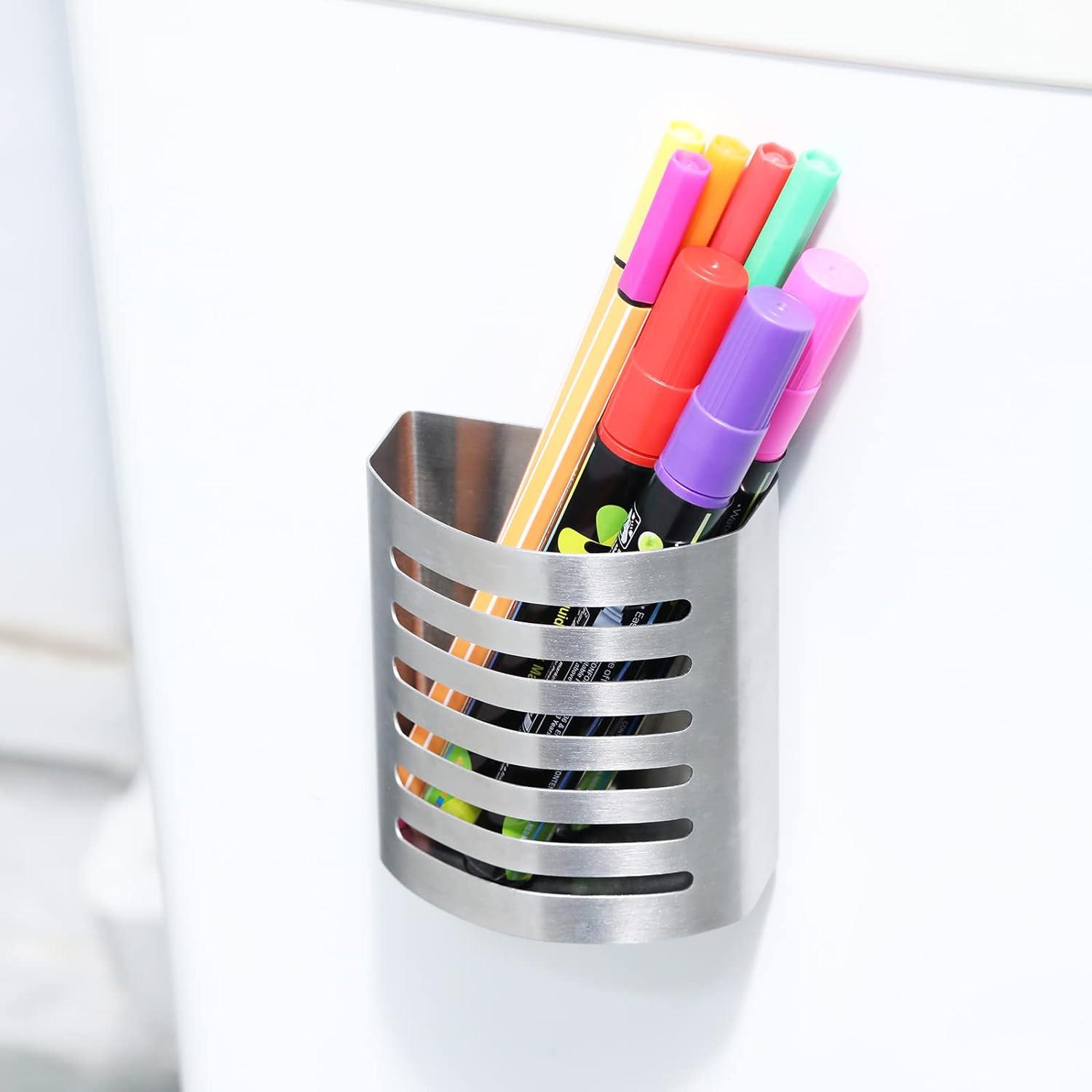 Magnetic Modern Pen and Pencil Holder, Metal Writing Utensil Storage Organizer for Kitchen, Locker, Home, or Office, 3.25" x 1.75" x 3.50", Brushed Stainless Steel