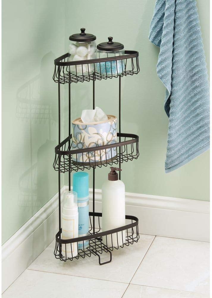 InterDesign iDesign York Metal Wire Corner Standing Shower Caddy 3-Tier Bath Shelf Baskets for Towels, Soap, Shampoo, Lotion, Accessories, Bronze