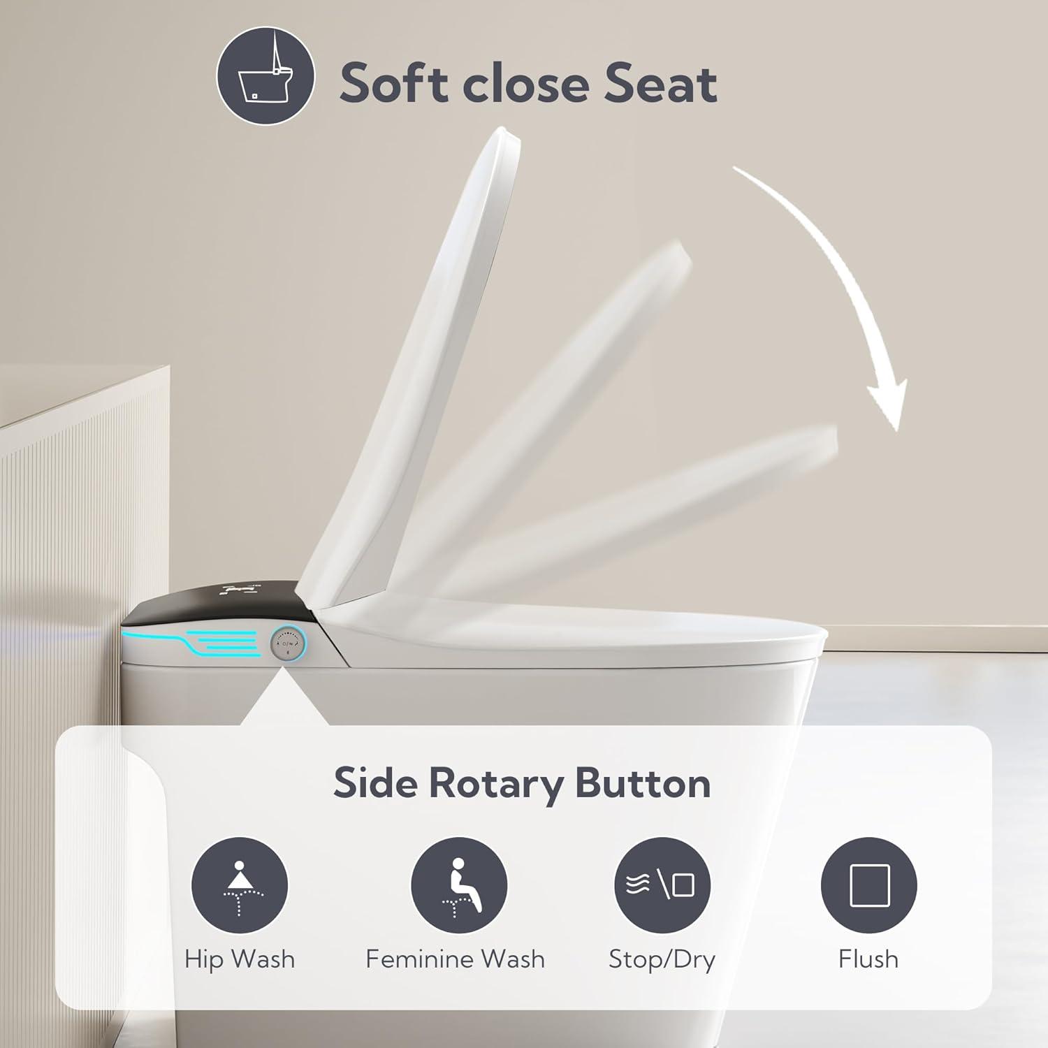 Luxury Smart Toilet with Bidet Built In Bidet Toilet Heated Seat, Foot Sensor,Warm water and Air Dryer,Voice Control, 1.28 GPF Powerful Auto Flush, Instant Hot Water and Ambient Lighting-White