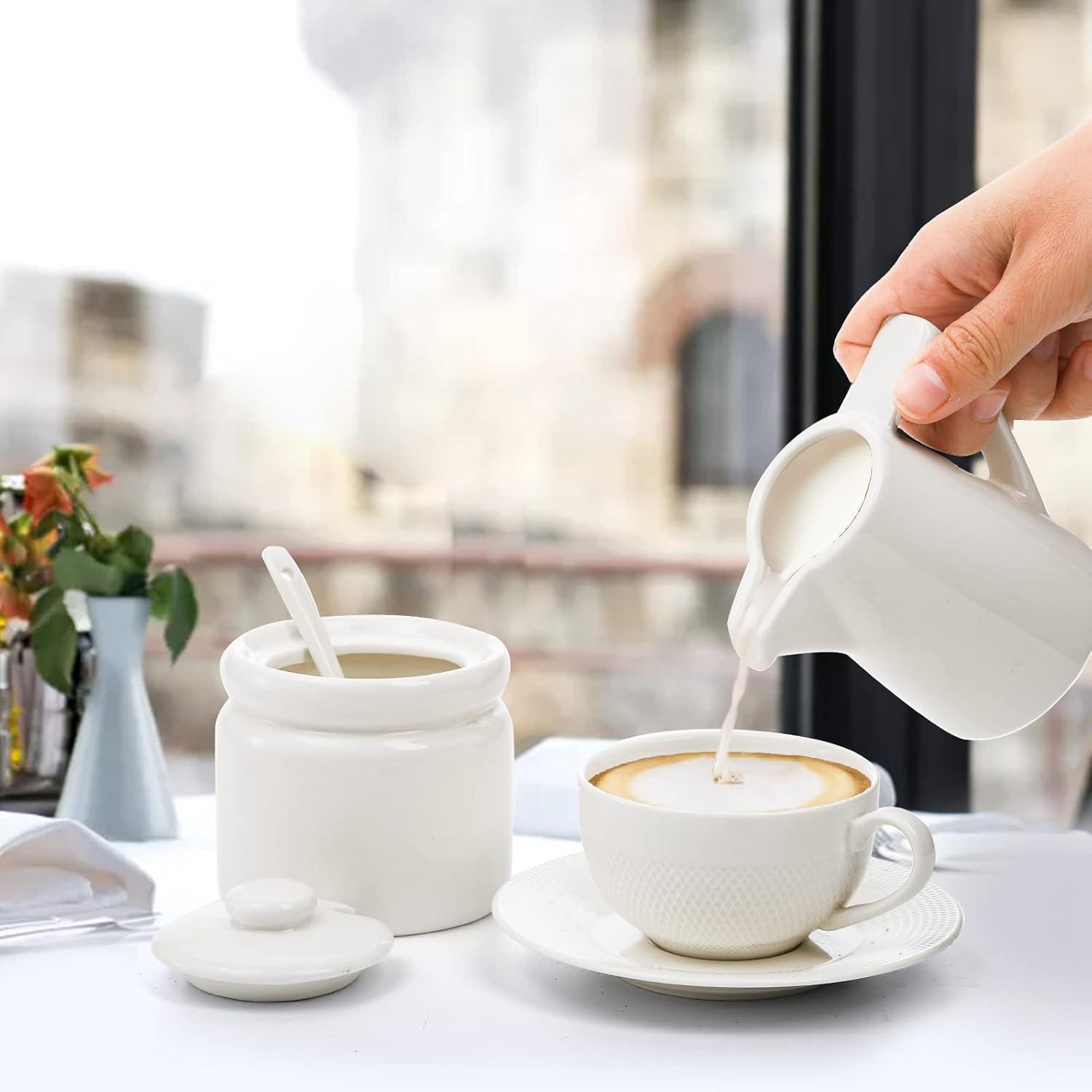 Stack man Set Of 4 Porcelain Creamer And Sugar Set With Saucer, Sugar Bowl With Lid And Spoon, Cream Pitcher, Sweetener Holder, Coffee Serving Set For Kitchen Home Cafe Party, Restaurant, White