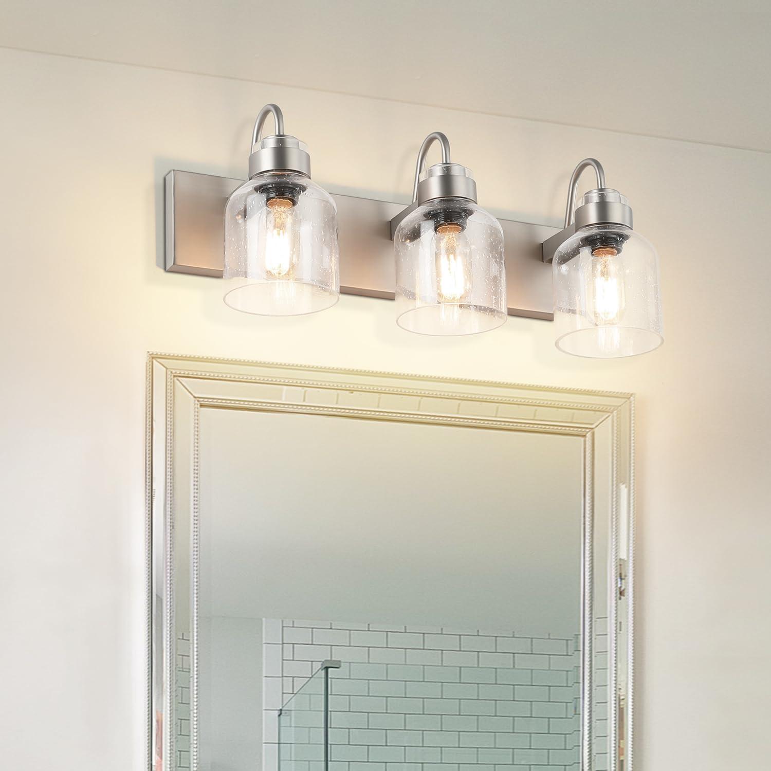 Brushed Nickel 3-Light Vanity with Bubble Glass Shades