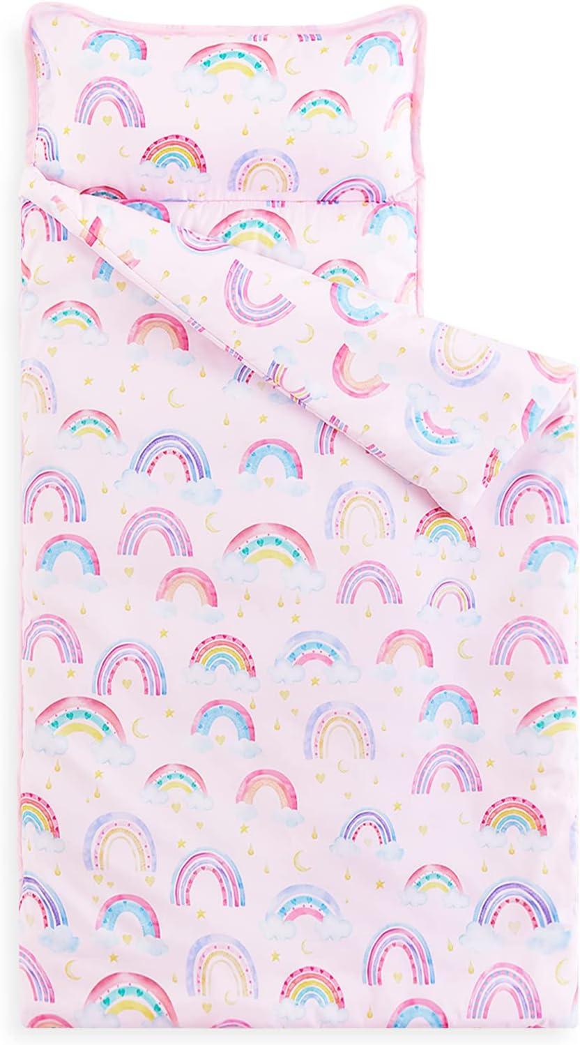 Wake In Cloud - Toddler Nap Mat with Pillow and Blanket, for Kids Girls in Kindergarten Daycare Preschool Pre K, Roll Up Sleeping Bag, Colorful Rainbows, Light Pink, Standard