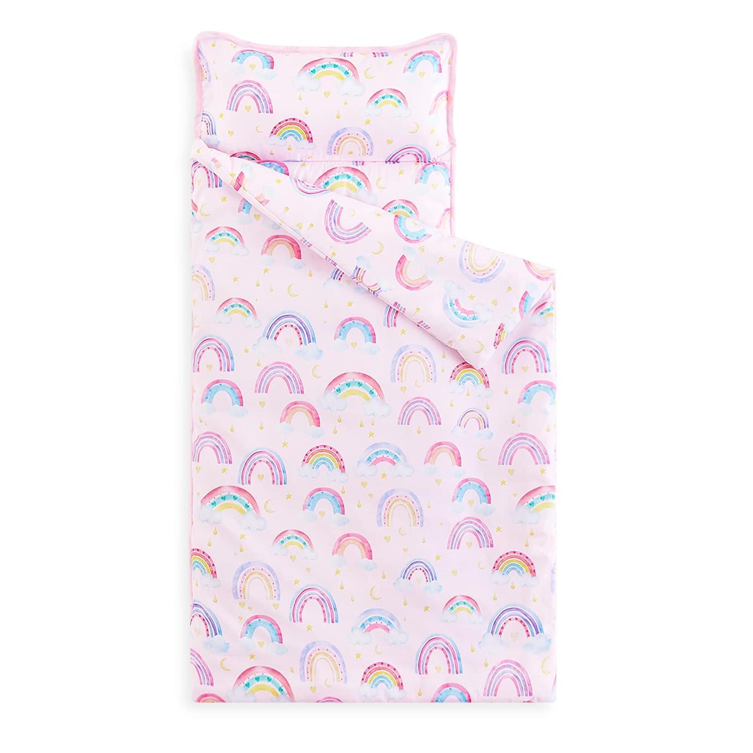 Wake In Cloud - Toddler Nap Mat with Pillow and Blanket, for Kids Girls in Kindergarten Daycare Preschool Pre K, Roll Up Sleeping Bag, Colorful Rainbows, Light Pink, Standard