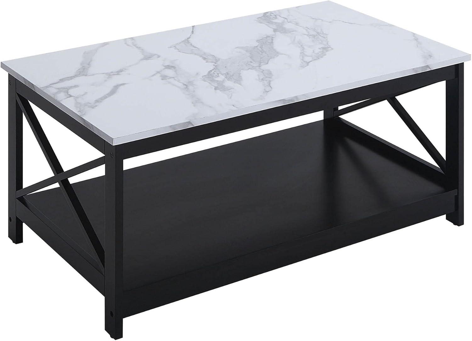 Convenience Concepts Oxford Coffee Table with Shelf, White Faux Marble/Black