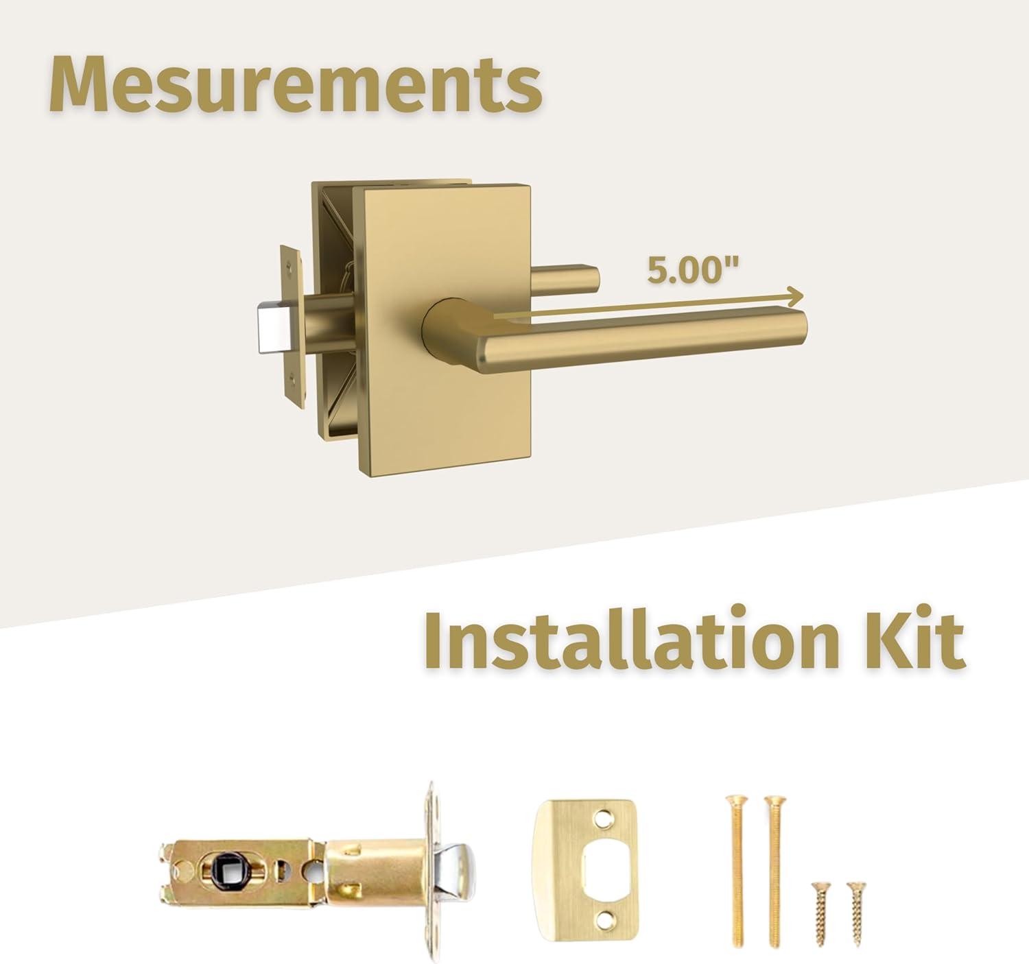 Satin Brass Passage Door Knob Set with Square Backplate