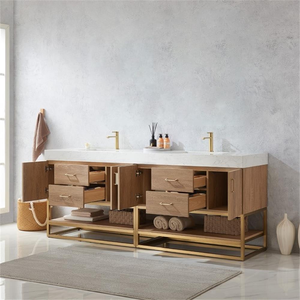 Vinnova Alistair 84" White Stone Top Oak Double Vanity Gold Frame w/o Mirror