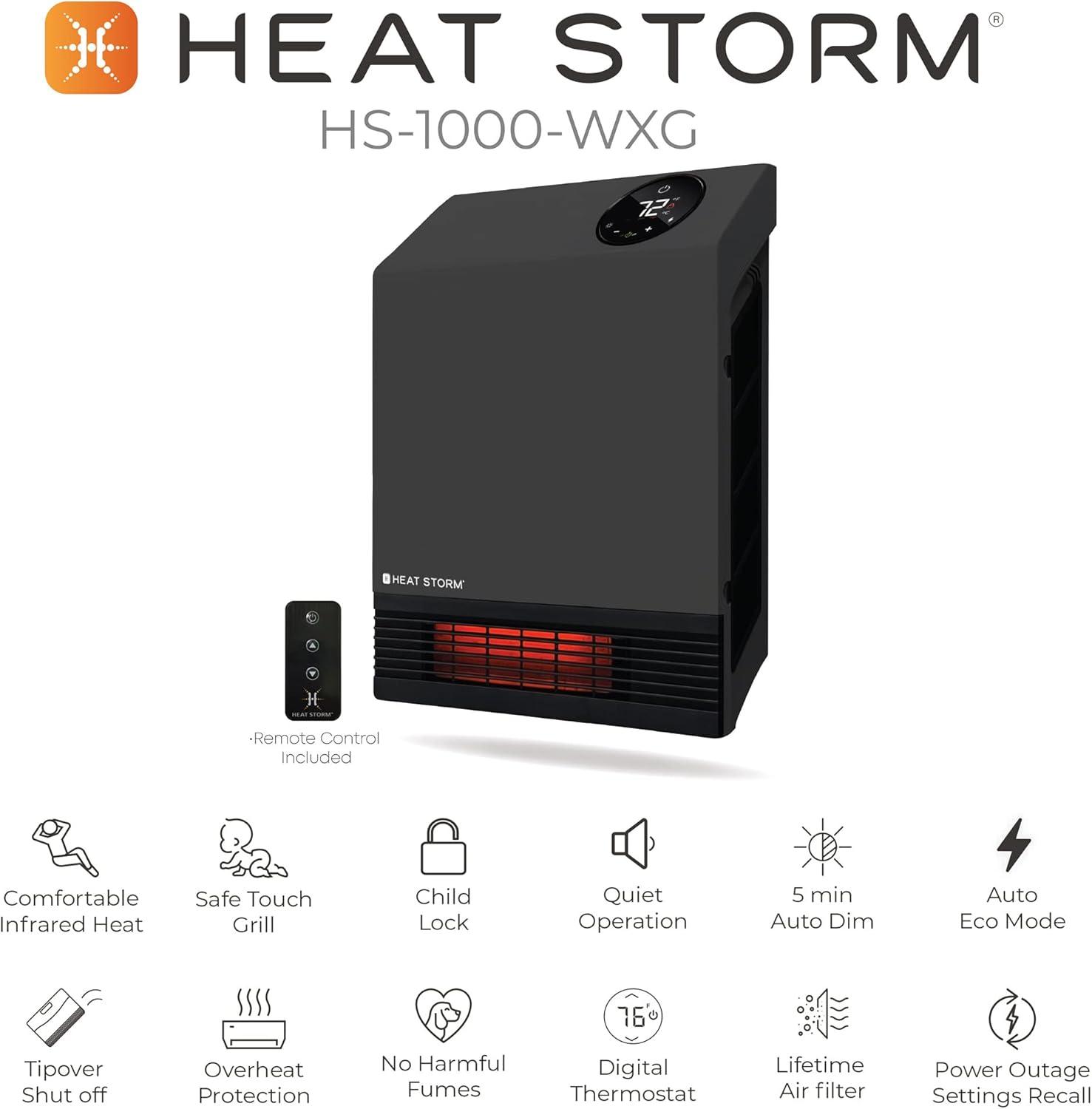 Heat Storm Heat Storm 1000 Watt 3400 BTU Electric Wall Mounted Space Heater with Adjustable Thermostat , Remote Included and with Digital Display