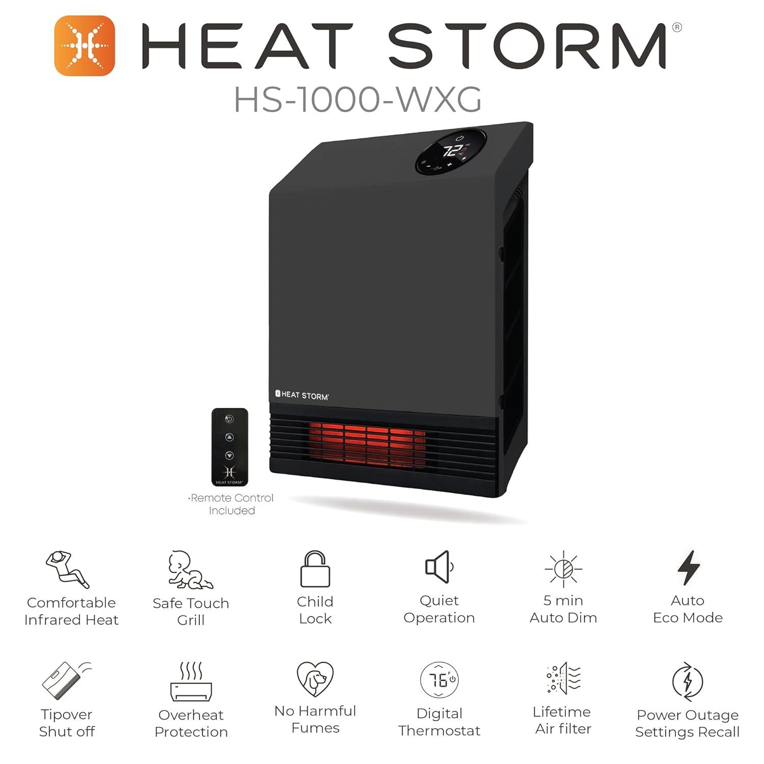 Heat Storm Heat Storm 1000 Watt 3400 BTU Electric Wall Mounted Space Heater with Adjustable Thermostat , Remote Included and with Digital Display