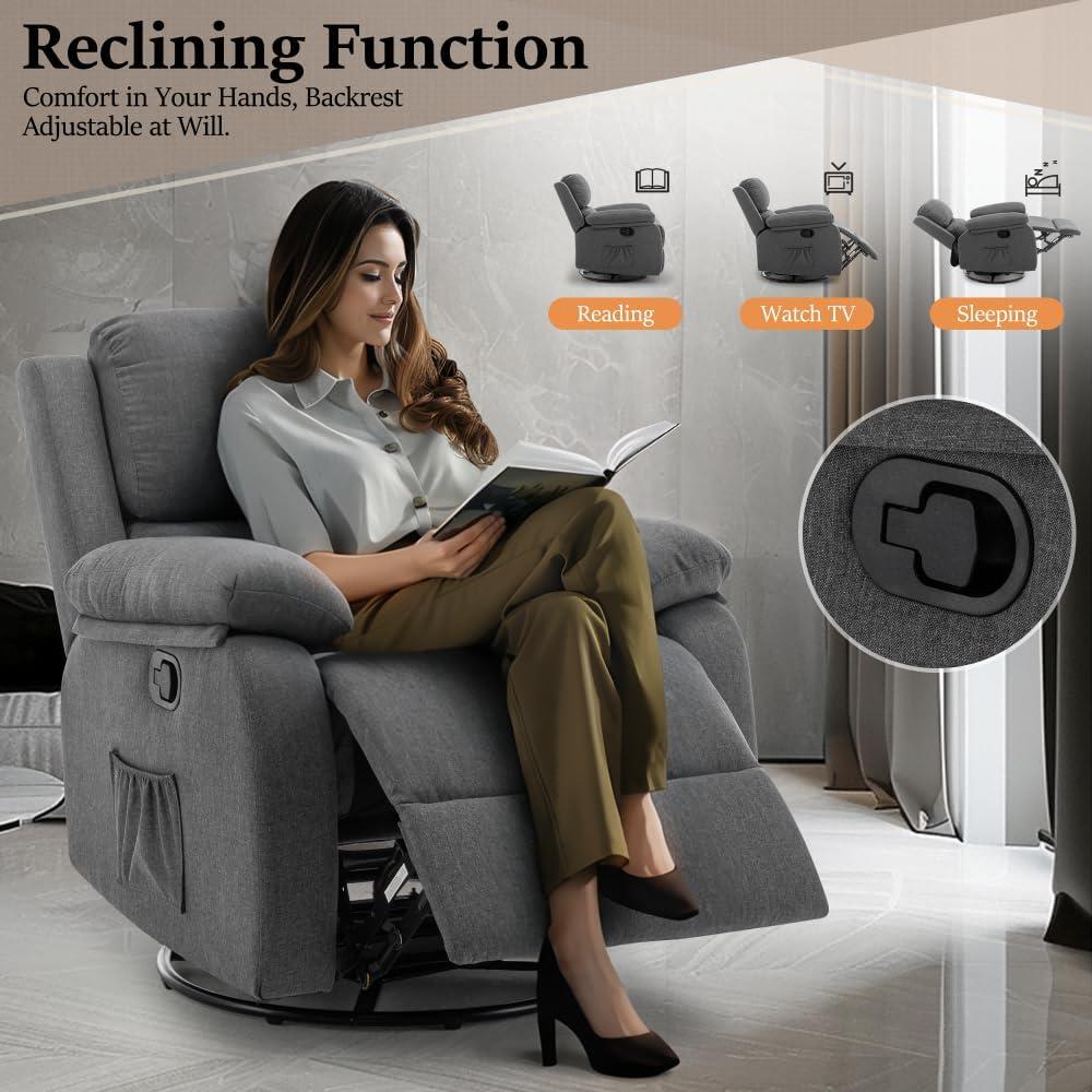 Gray Fabric Swivel Recliner with Side Pockets