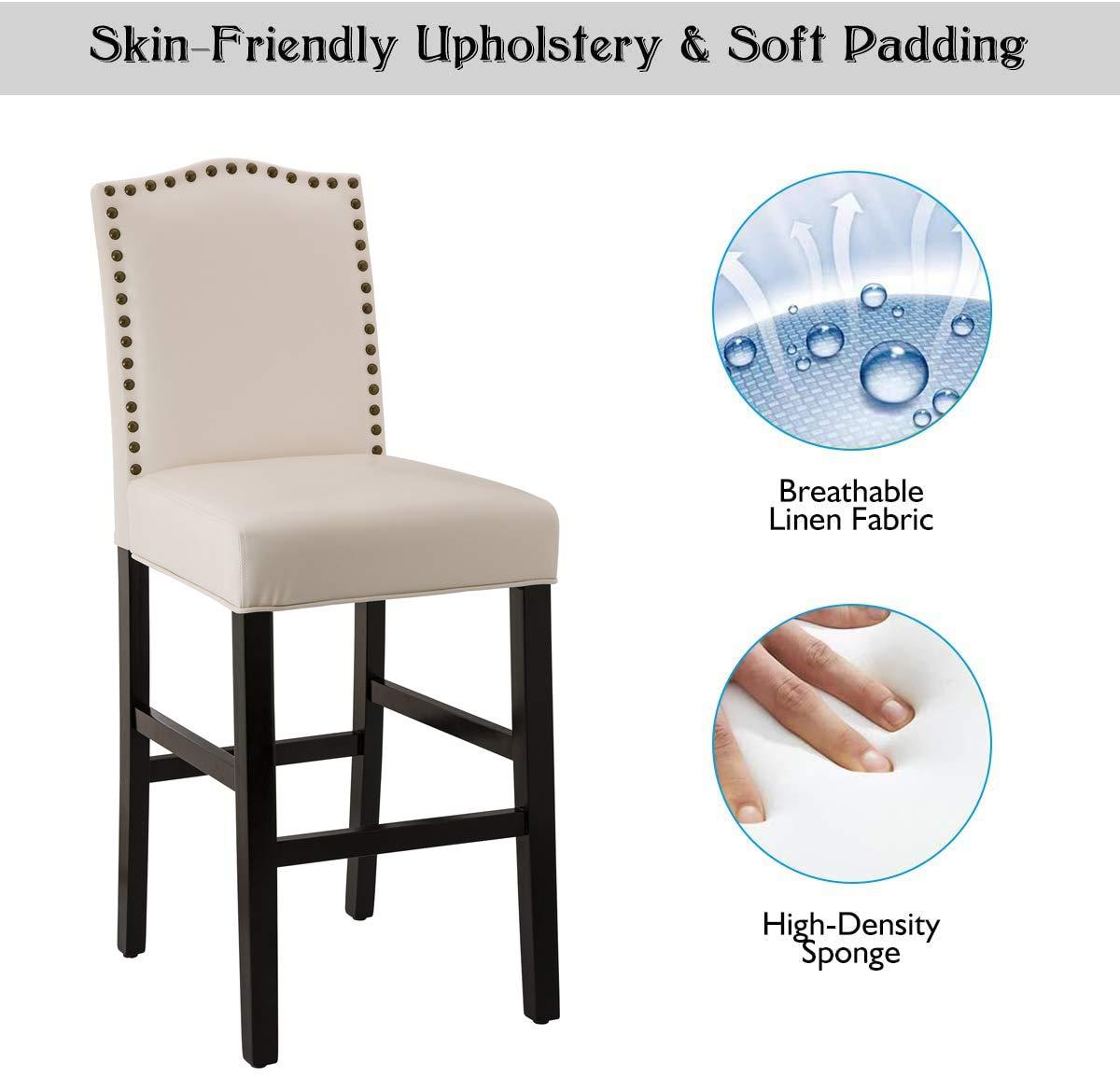 Set of 2 Leatherette PU Barstools with Studded Decor Off White - Glitzhome: Rubberwood Frame, Footrest, Modern Style
