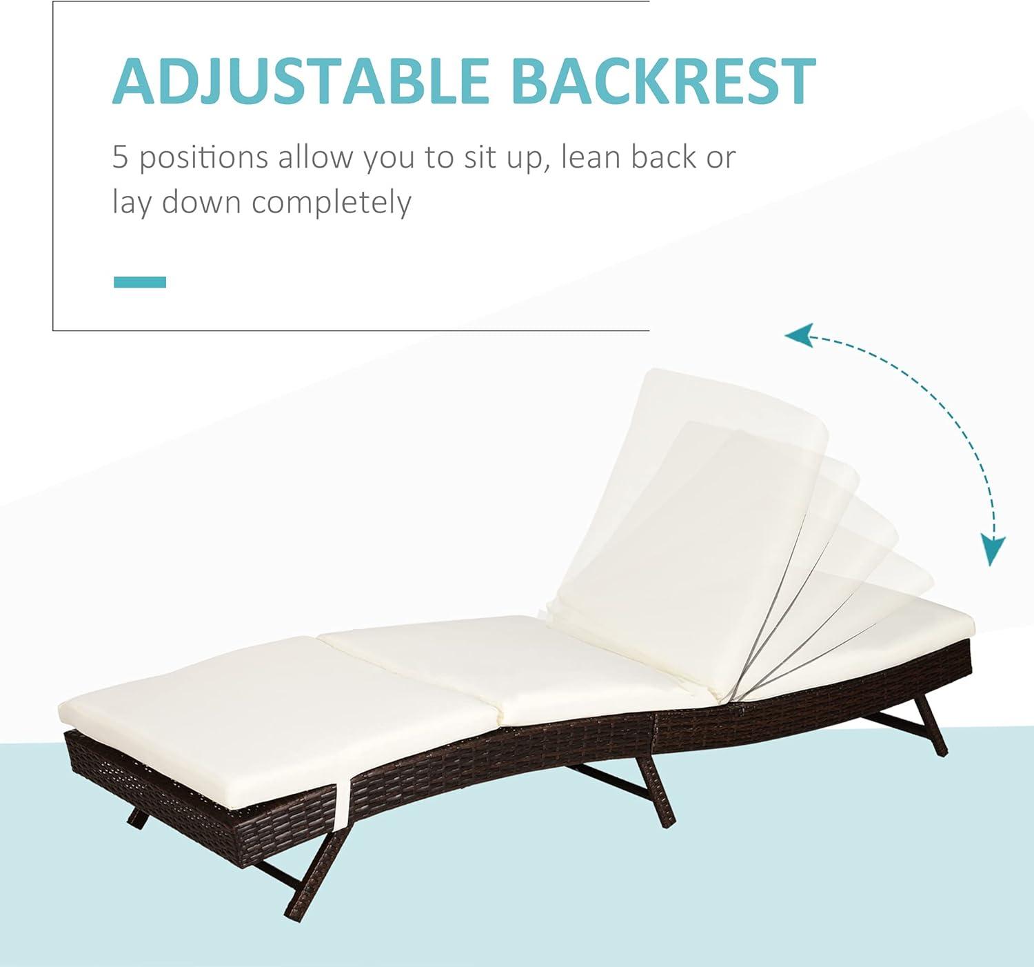 Outsunny Patio Chaise Lounge, Pool Chair with 5 Position Adjustable Backrest & Cushion, Outdoor PE Rattan Wicker Sun Tanning Seat, 28", Cream