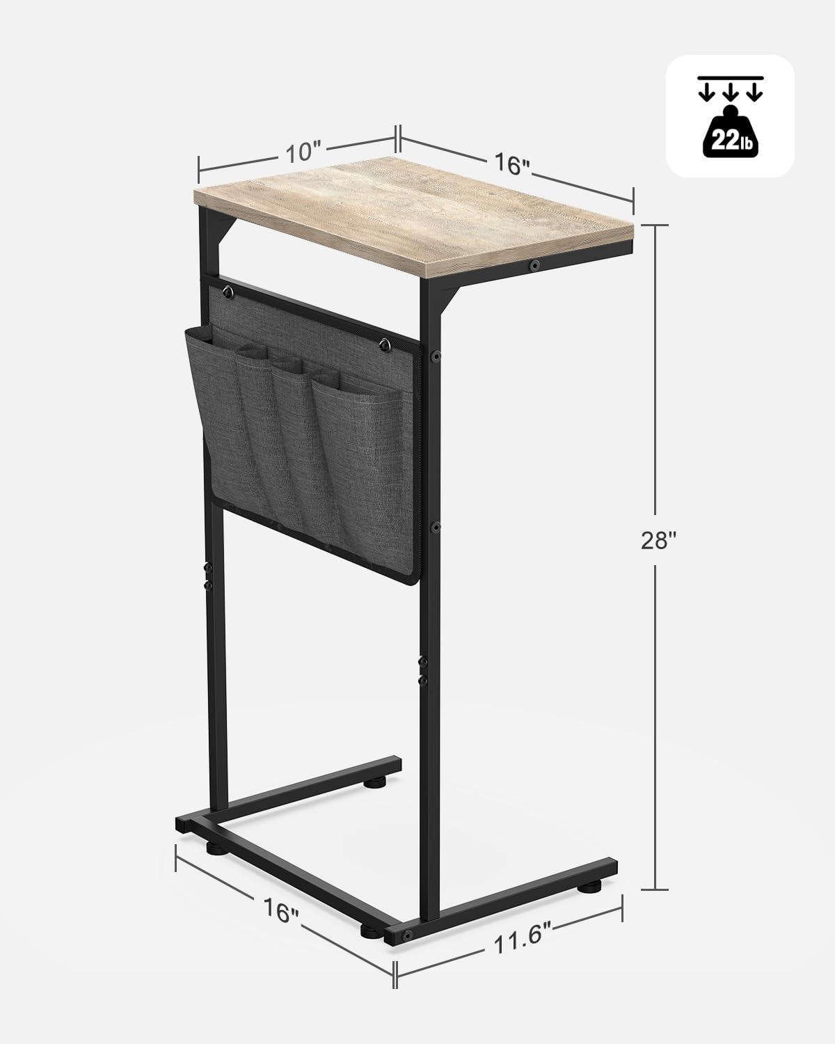 Small C-Shaped End Table: Slide Under Sofa with Storage Bag, Metal Frame, Living Room & Bedroom, Greige