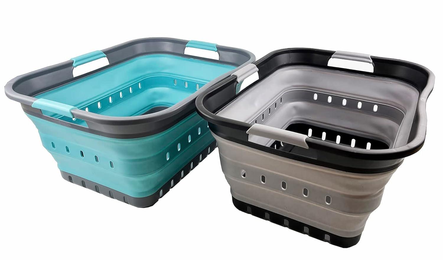 SAMMART 42L (11 gallon) Set of 2 Collapsible Laundry Basket - Foldable Pop Up Storage Container/Organizer - Portable Basket - Space Saving Hamper/Basket (Alloy Grey + Crystal Blue)