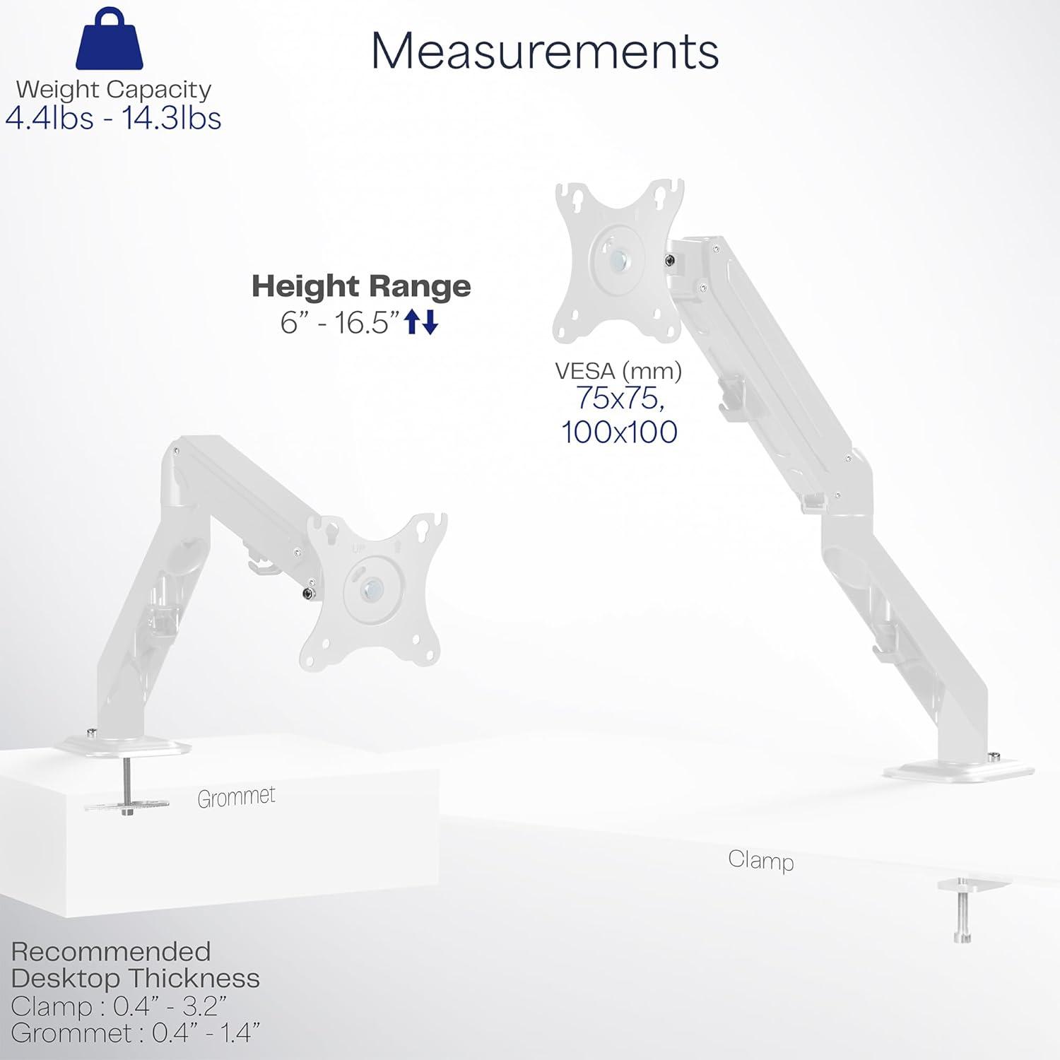 Vivo White Pneumatic Arm Single Monitor Desk Mount