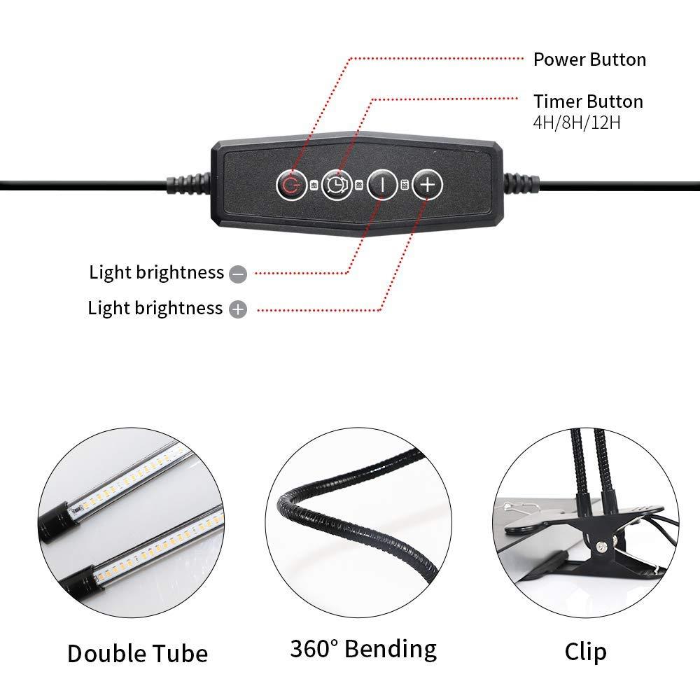 JSOT LED Grow Light, 6500K Full Spectrum Clip Plant Growing Lamp with White Red LEDs for Indoor Plants, 3/6/12H Timer & 10 Dimmable Levels