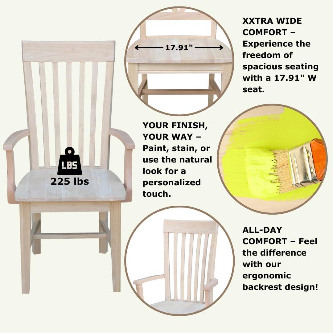 Tall Mission Chair with Arms Unfinished - International Concepts: Solid Wood, Parawood, Slat Back