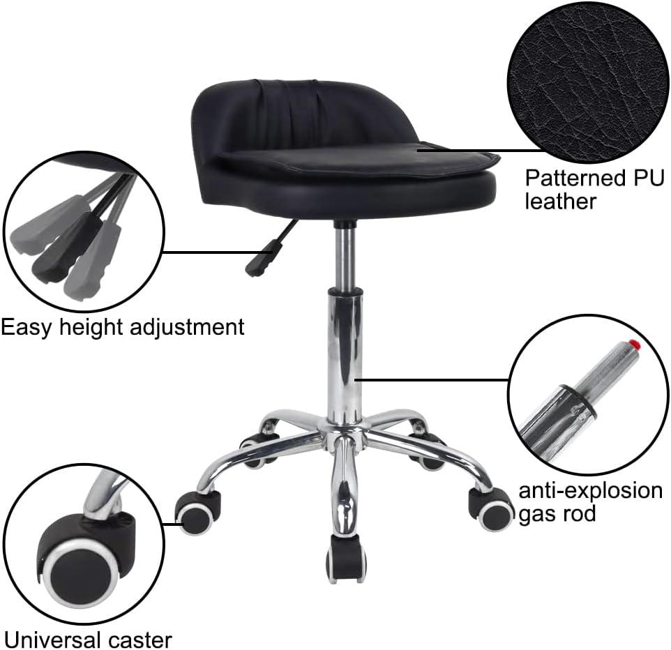 Rolling Stool Height Adjustable 360° Swivel with Universal Casters Leather Cushion with Low Back Rolling Chair with Wheels for Office Kitchen Desk Home Salon Shop Lab Bar Counter (Black)