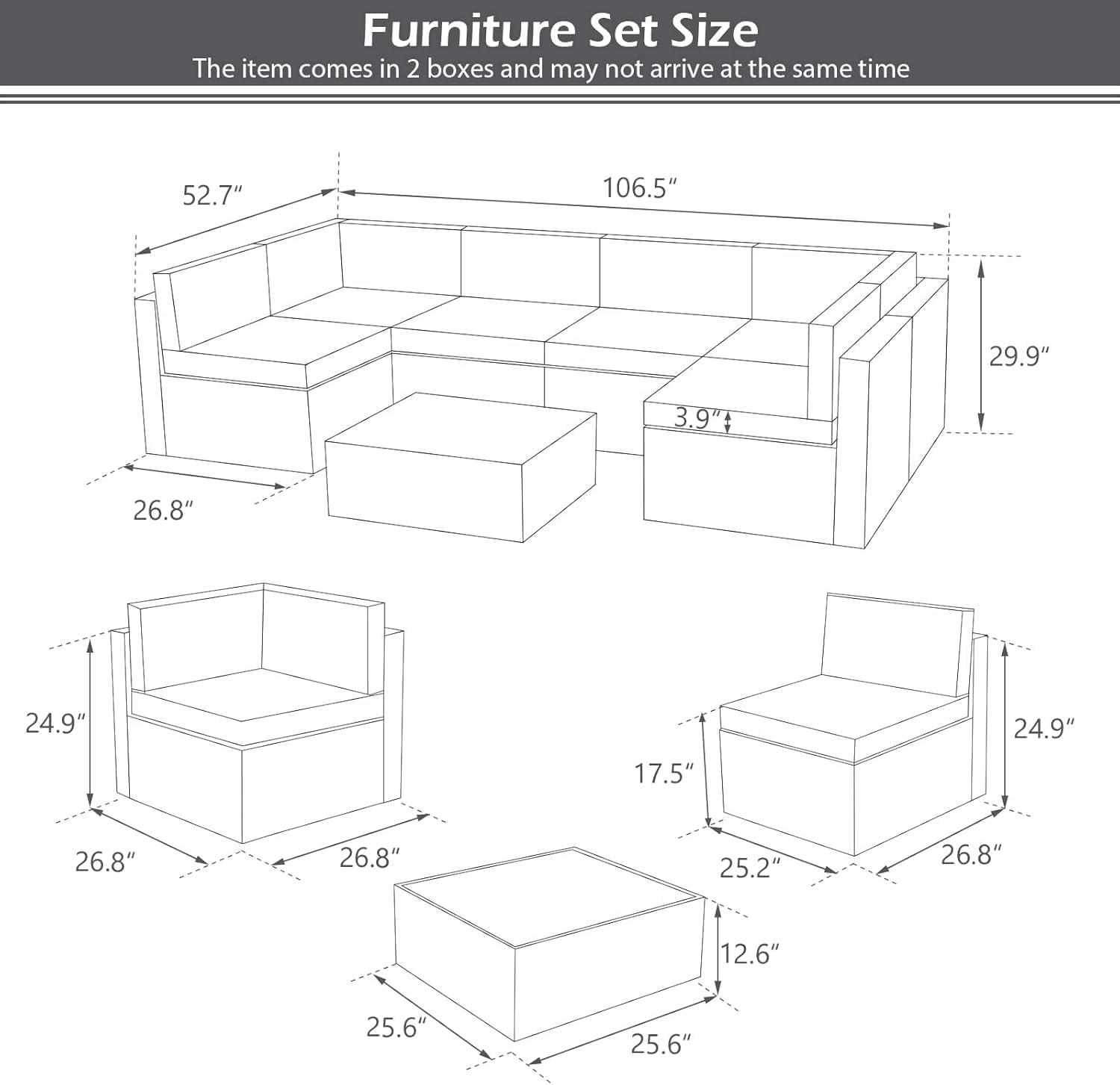U-MAX 7 Piece Outdoor Patio Furniture Set, PE Rattan Outdoor Wicker Sectional Furniture Chair Set with Cushions and Tea Table, Grey Rattan and Navy Cushion