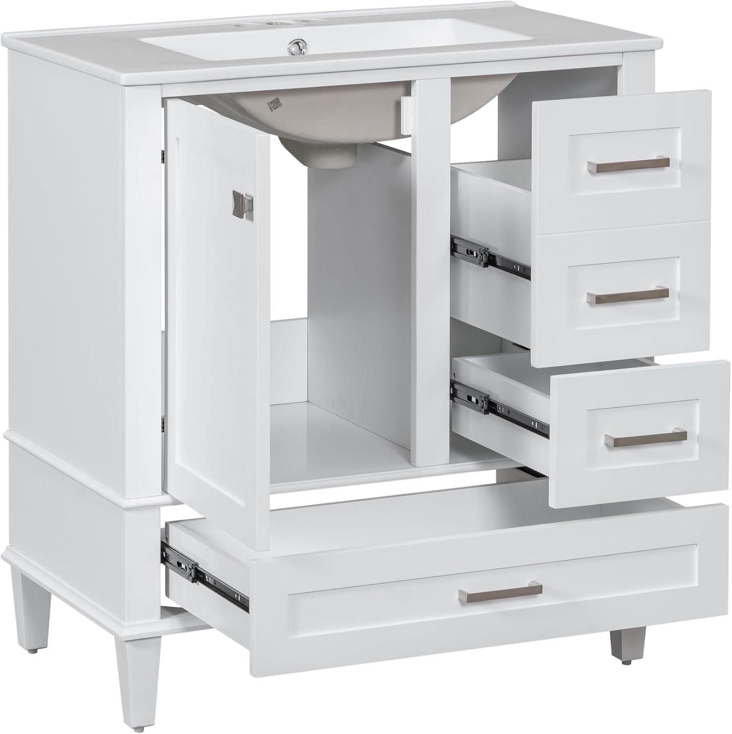 30" Modern Bathroom Vanity with Single Sink Combo Set, Solid Wood Frame Bathroom Storage Cabinet with Soft Closing Door and 3 Drawers, White