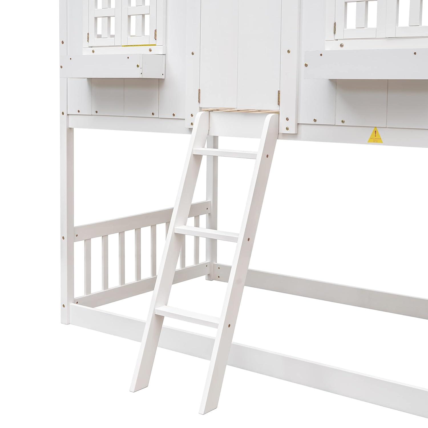 Harper & Bright Designs House Bunk Bed Twin Over Twin Kids Bunk Bed Wood Frame with Roof, Window, Window Box, Door, Safety Guardrails and Ladder, for Girls Boys (Twin Size, White)