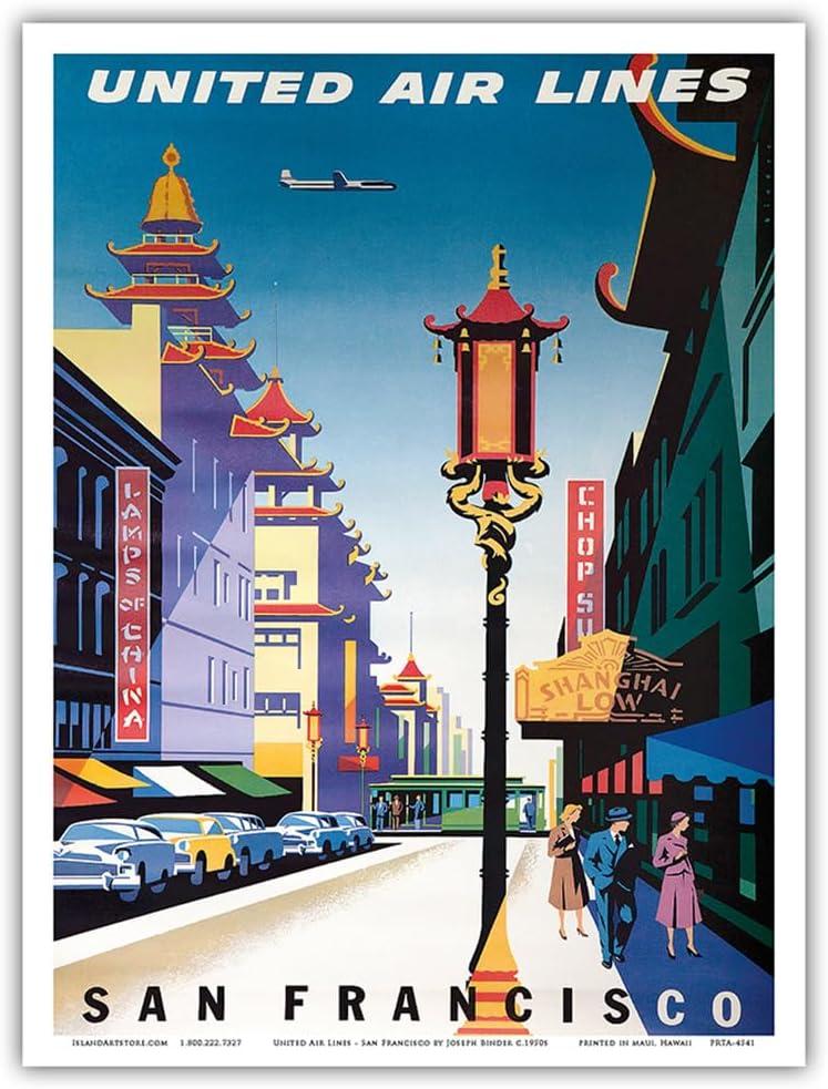 San Francisco USA - Chinatown - United Air Lines - Vintage Airline Travel Poster by Joseph Binder c.1950s - Master Art Print (Unframed) 9in x 12in