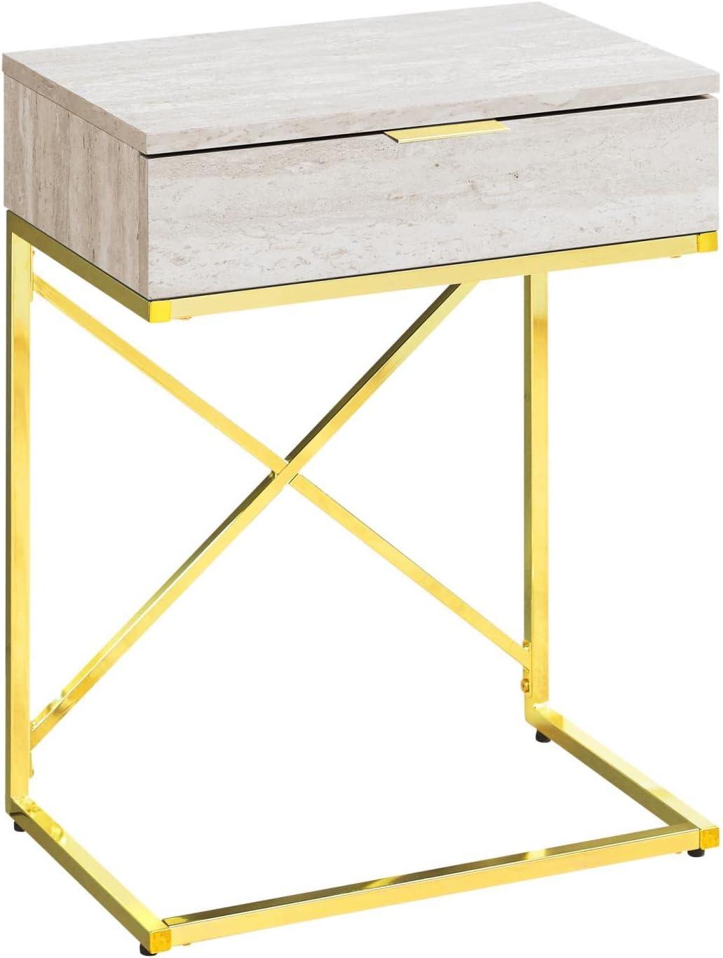 Monarch Specialties Accent Table Side End Nightstand Lamp Storage Drawer Living Room Bedroom Metal Laminate Beige Marble Look Gold Contemporary Modern