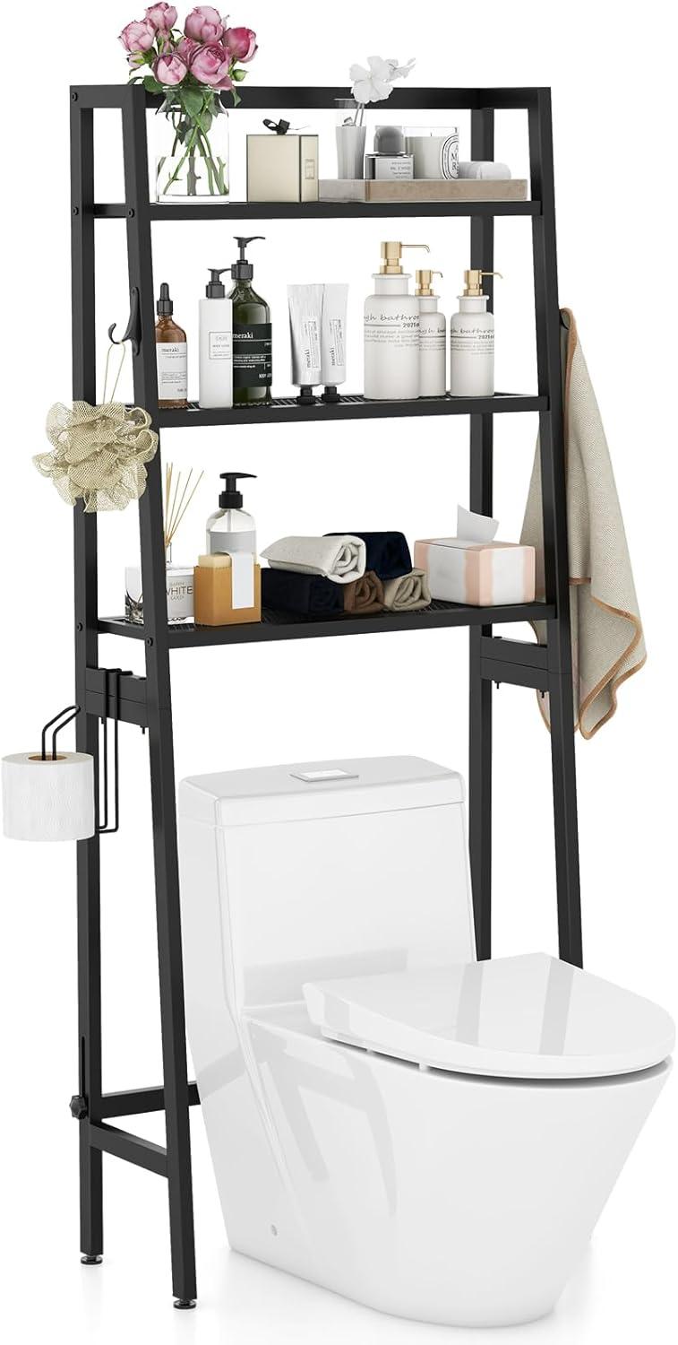 Tangkula Over-the-Toilet Storage 3-Tier Freestanding Bathroom Organizer Shelf w/ 2 Hanging Hooks & Toilet Paper Holder Black