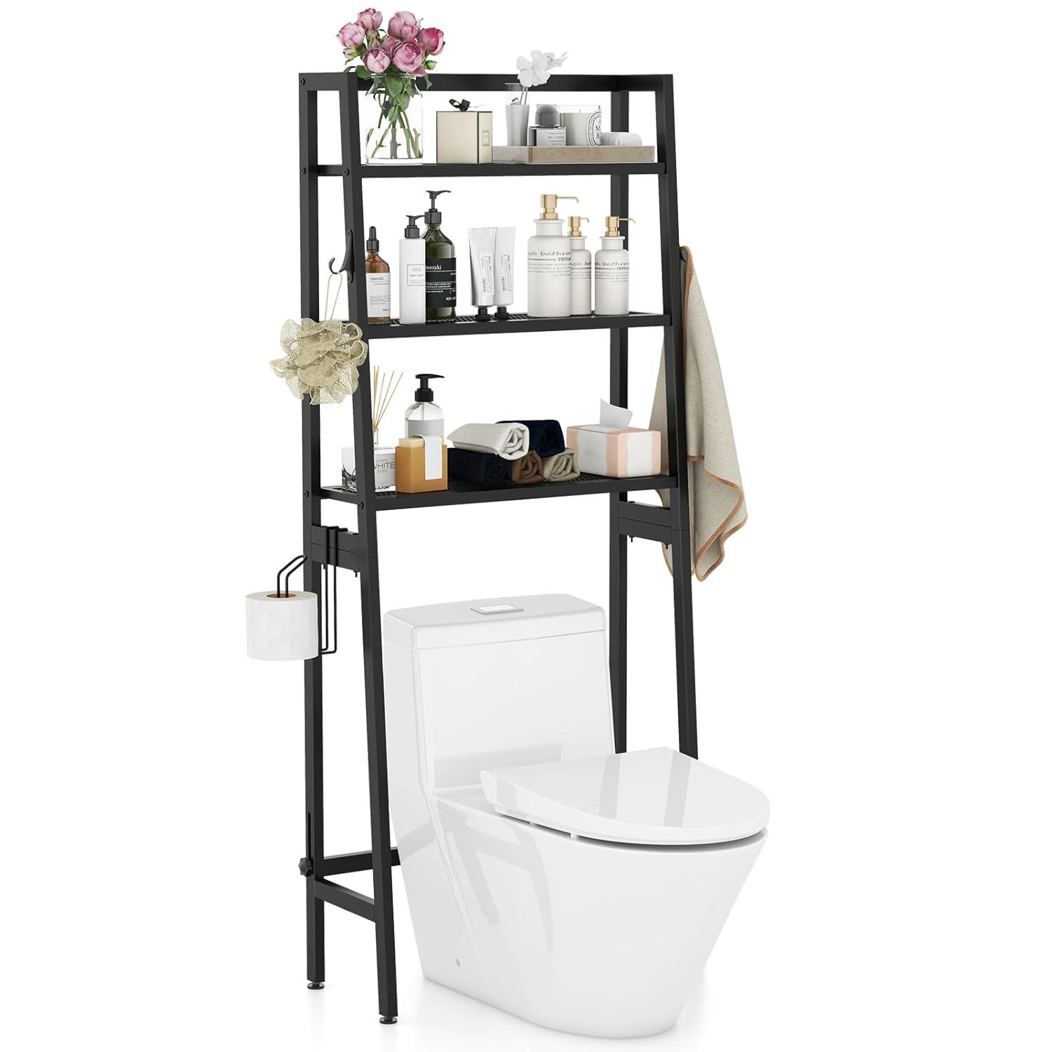 Tangkula Over-the-Toilet Storage 3-Tier Freestanding Bathroom Organizer Shelf w/ 2 Hanging Hooks & Toilet Paper Holder Black