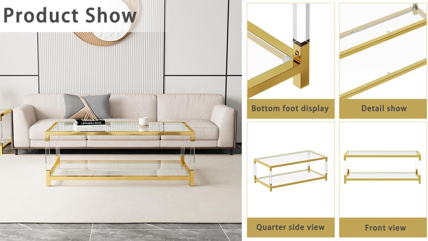 Modern Gold Glass Coffee Table with Acrylic Legs and Storage