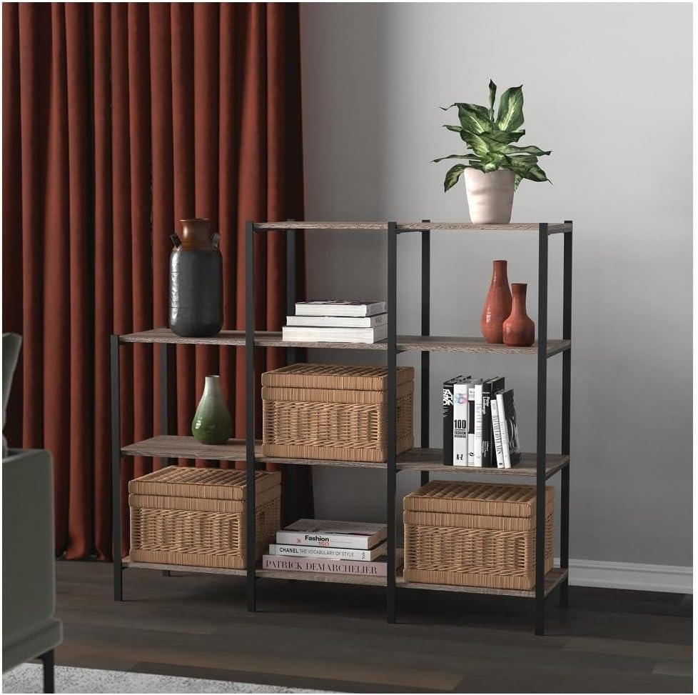 Weathered Gray 5-Tier Ladder Bookcase with Black Metal Frame